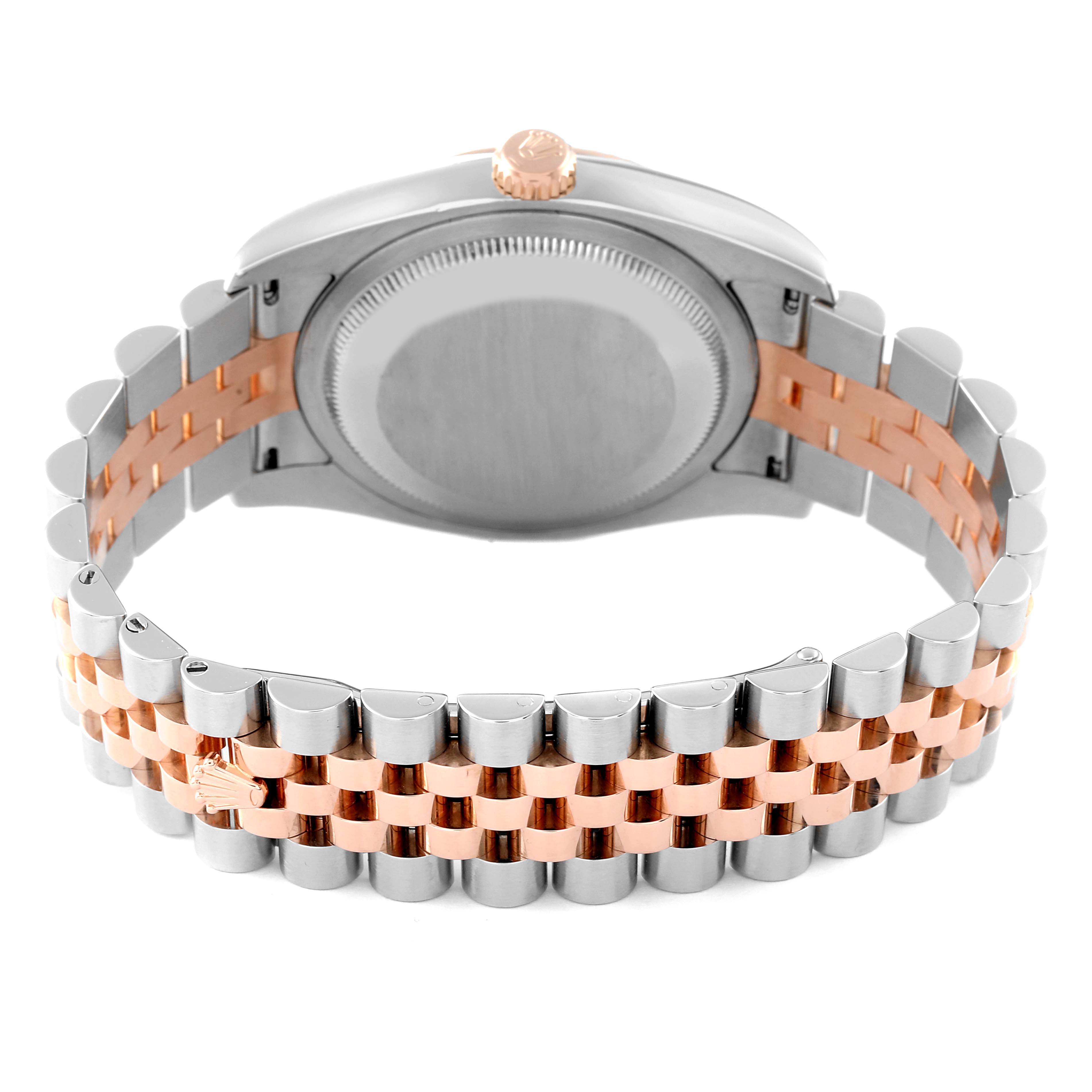 This image shows the back of a Rolex Datejust 116231 Men's Steel and Gold (two tone) Black Dial 116231 Men's Steel and Gold (two tone) Black Dial watch, highlighting its stainless steel and rose gold bracelet and clasp.