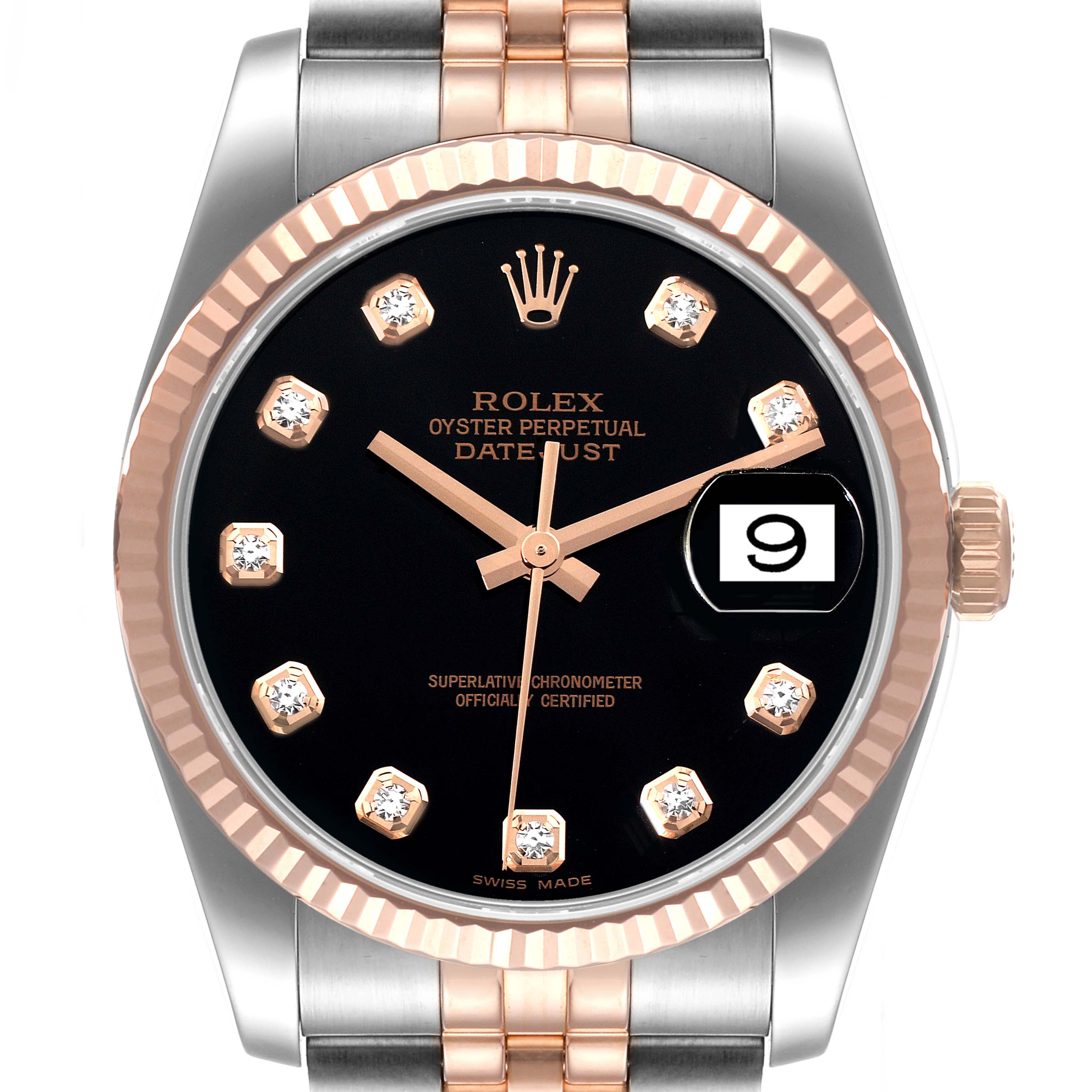 This is a close-up frontal view of a Rolex Datejust 116231 Men's Steel and Gold (two tone) Black Dial 116231 Men's Steel and Gold (two tone) Black Dial watch, showing the dial, bezel, crown, and part of the bracelet.
