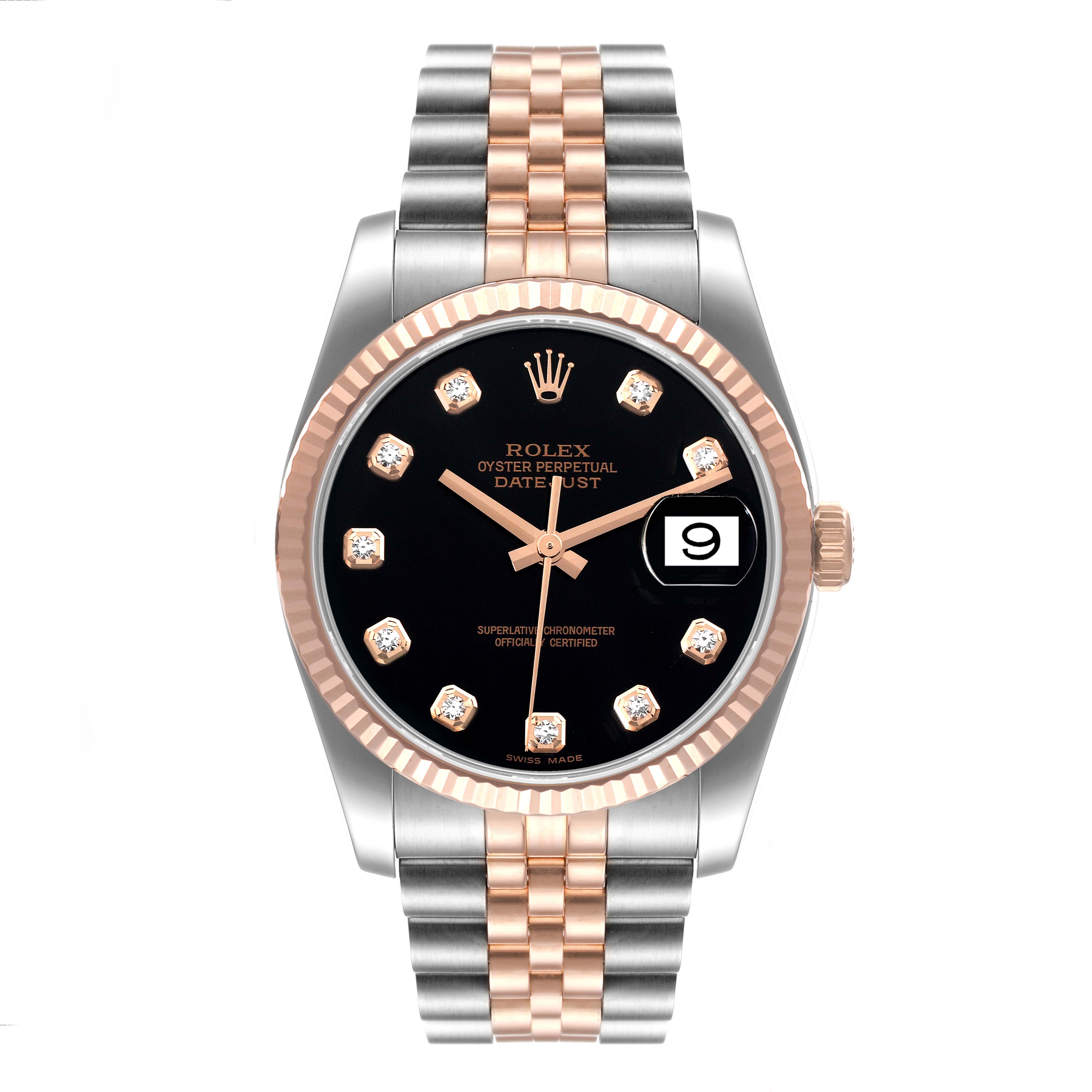 The image shows a front view of the Rolex Datejust 116231 Men's Steel and Gold (two tone) Black Dial 116231 Men's Steel and Gold (two tone) Black Dial watch, highlighting its two-tone bracelet, fluted bezel, and date display.