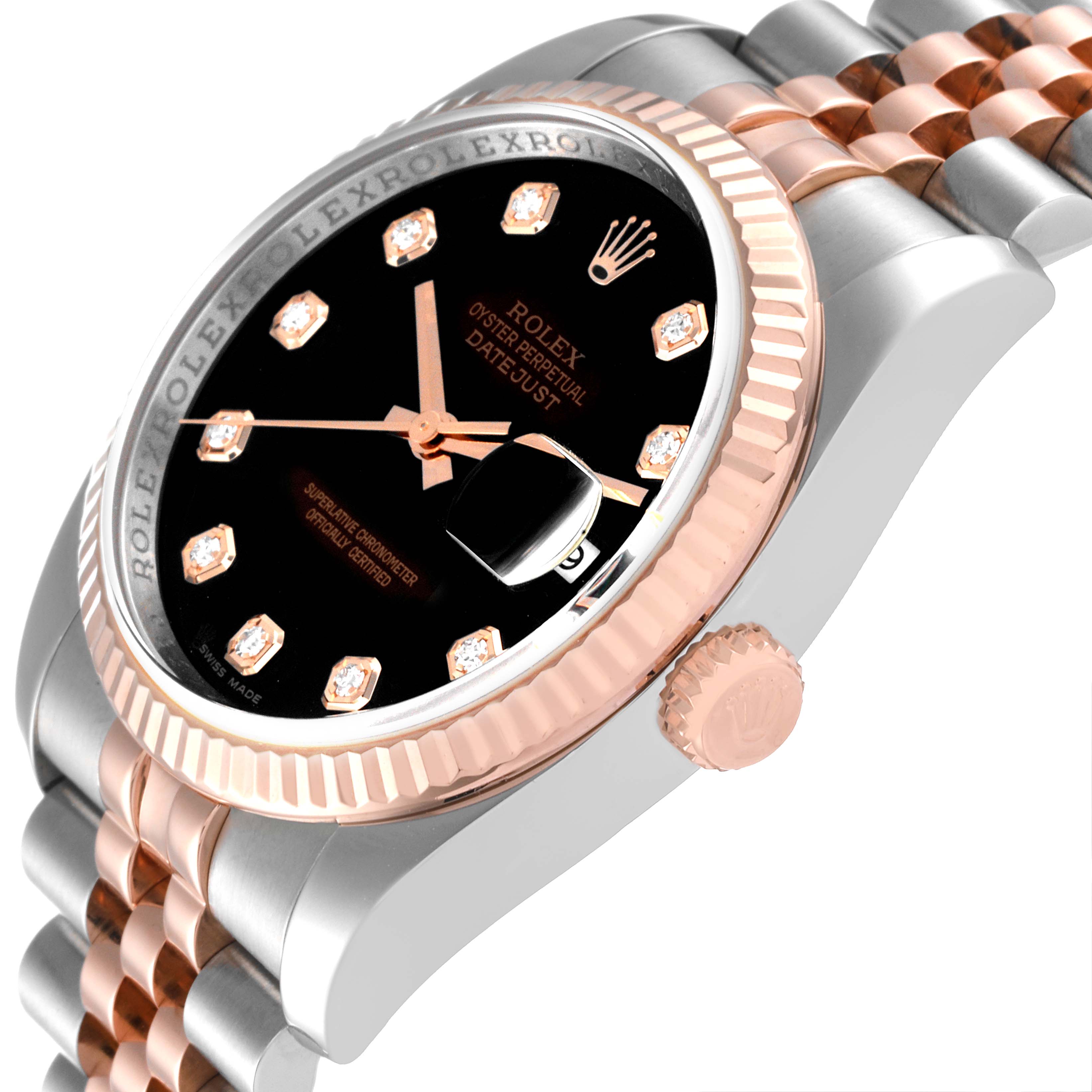 This is a close-up angle of a Rolex Datejust 116231 Men's Steel and Gold (two tone) Black Dial 116231 Men's Steel and Gold (two tone) Black Dial watch, showcasing the dial, bezel, crown, and part of the bracelet.