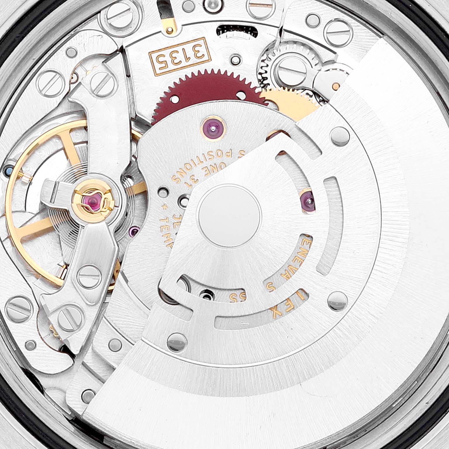 This is a close-up view of the movement mechanism inside a Rolex Datejust 116231 Men's Steel and Gold (two tone) Black Dial 116231 Men's Steel and Gold (two tone) Black Dial watch.