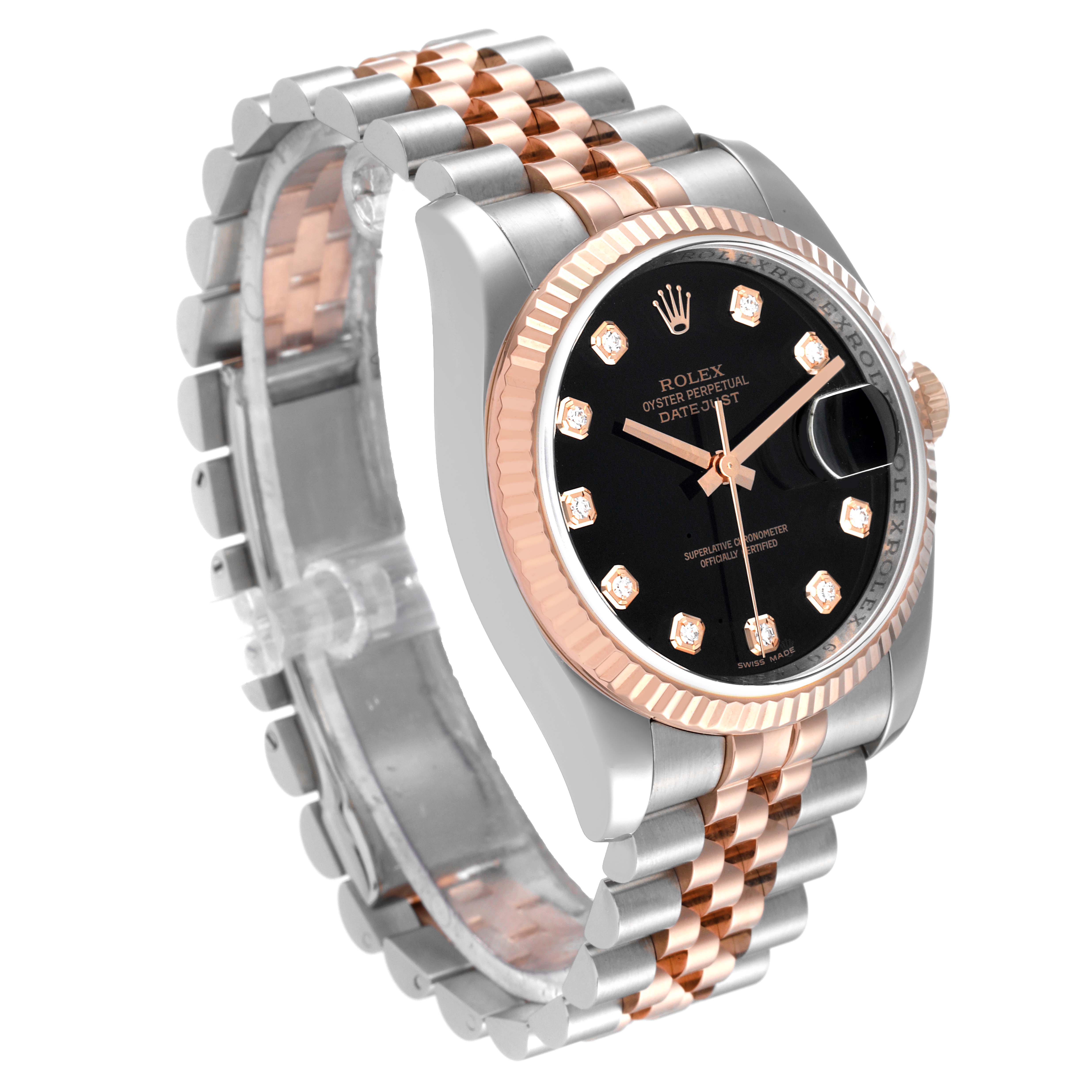 This image shows a Rolex Datejust 116231 Men's Steel and Gold (two tone) Black Dial 116231 Men's Steel and Gold (two tone) Black Dial watch at a front angle, highlighting its bi-metal bracelet, black dial, and fluted bezel.