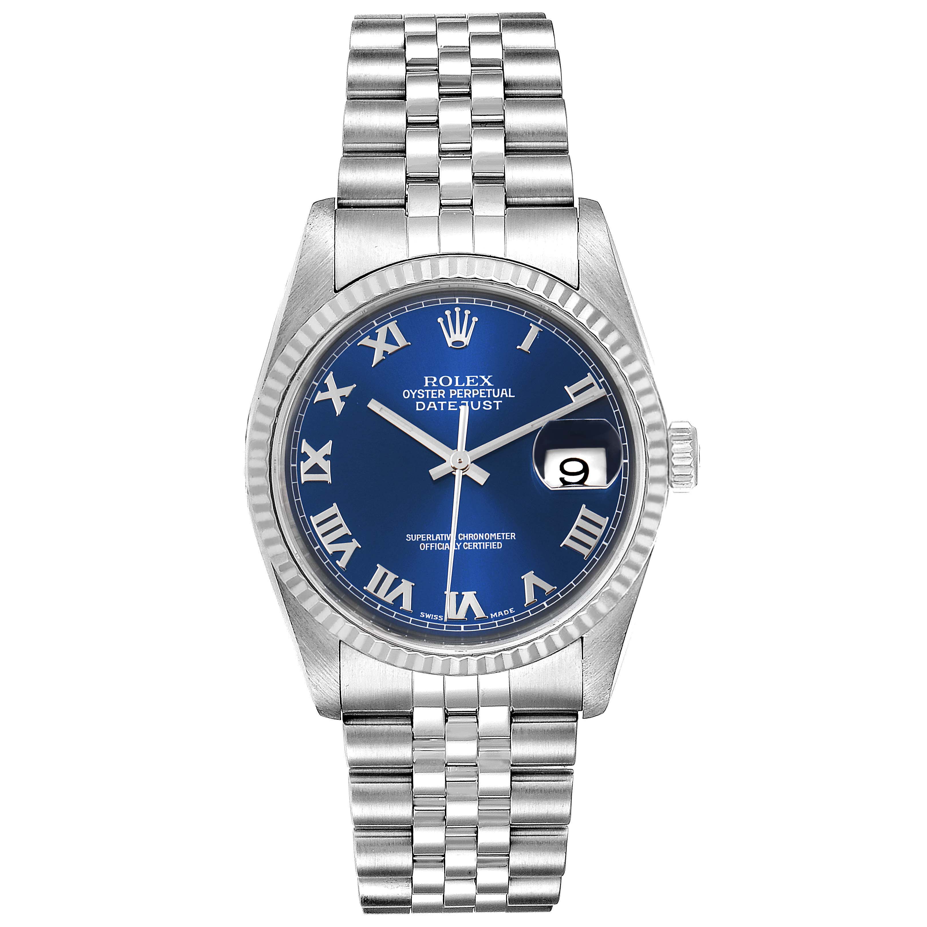 This image shows a frontal view of a Rolex Datejust 16234 Men's Stainless Steel Blue Dial 16234 Men's Stainless Steel Blue Dial watch, displaying its blue dial, jubilee bracelet, and fluted bezel.
