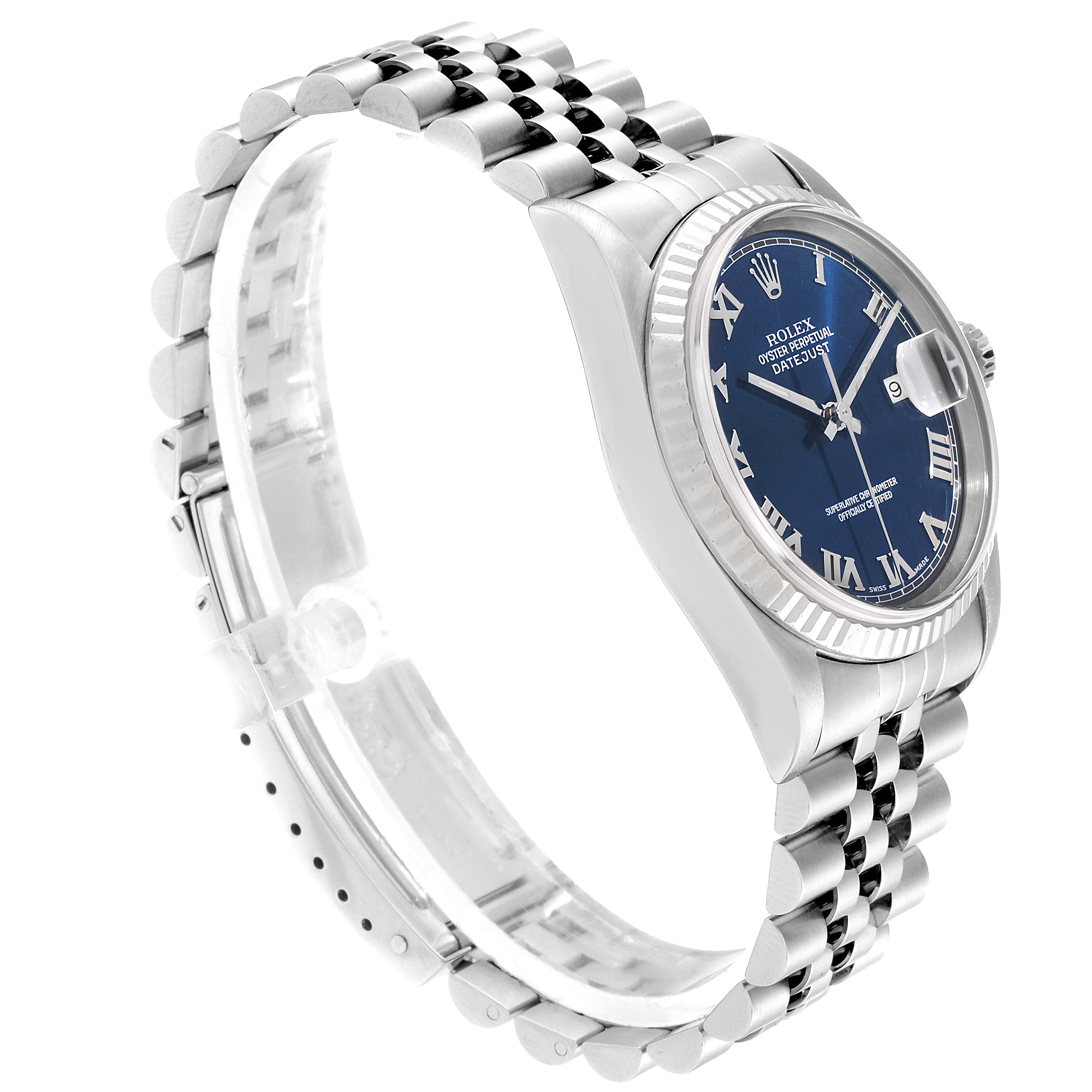 The image shows a side and slightly angled view of a Rolex Datejust 16234 Men's Stainless Steel Blue Dial 16234 Men's Stainless Steel Blue Dial watch, highlighting its bracelet and blue Roman numeral dial.