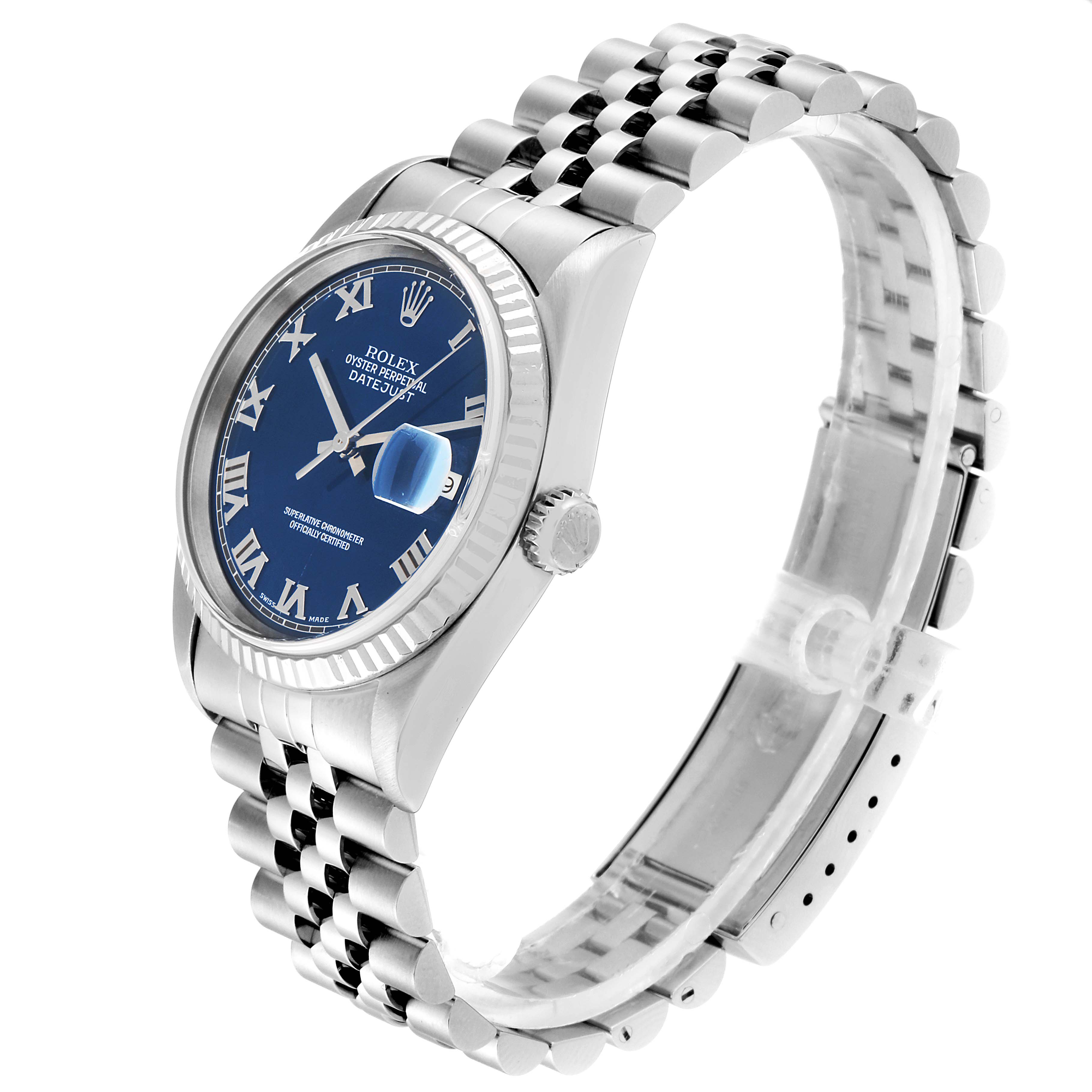 This image shows a side angle of a Rolex Datejust 16234 Men's Stainless Steel Blue Dial 16234 Men's Stainless Steel Blue Dial watch, highlighting the blue dial, fluted bezel, and jubilee bracelet.