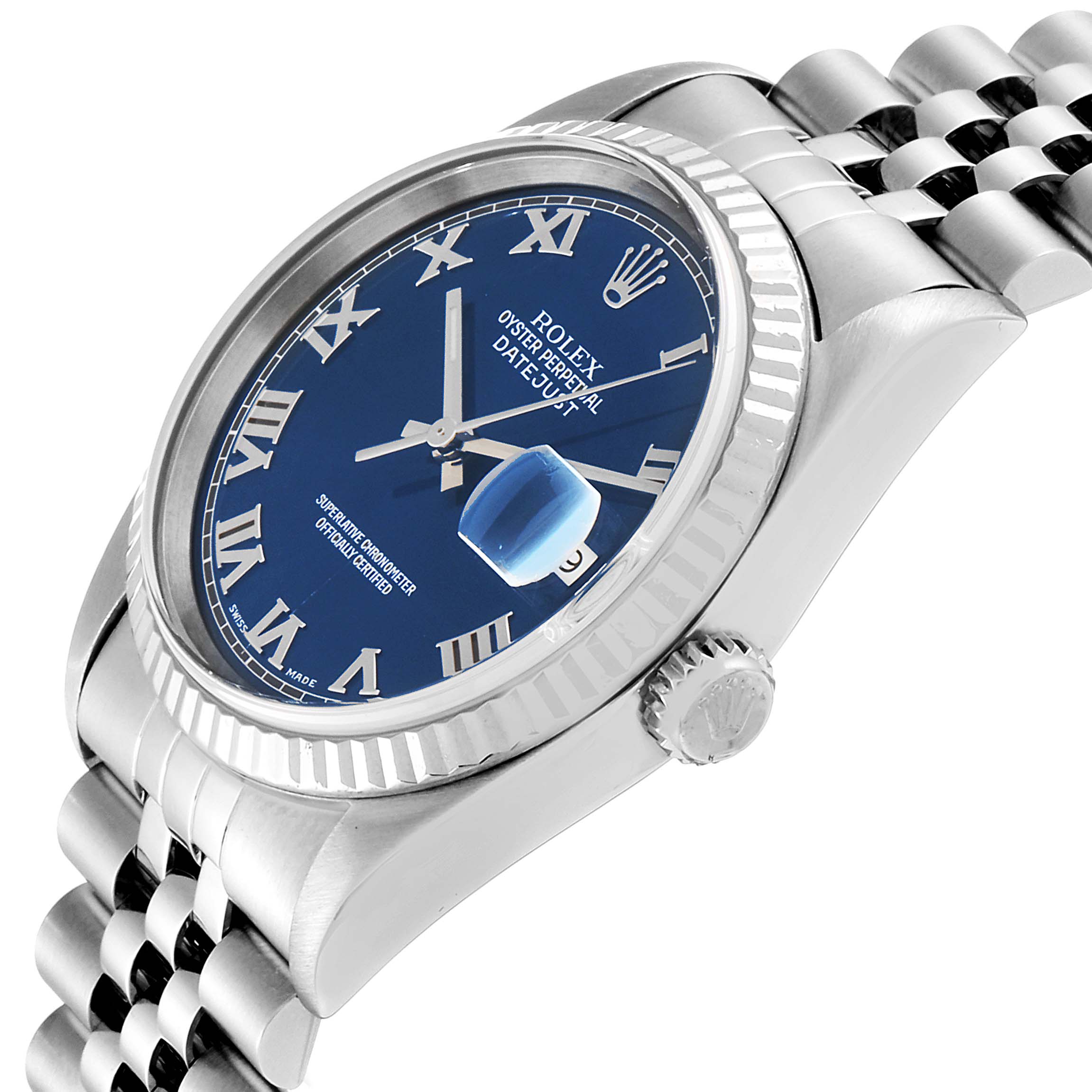 The image shows a side angle of a Rolex Datejust 16234 Men's Stainless Steel Blue Dial 16234 Men's Stainless Steel Blue Dial watch, highlighting its blue dial, fluted bezel, and Jubilee bracelet.