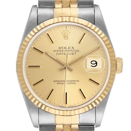 The image displays a frontal view of the Rolex Datejust 16233 Men's Steel and Gold (two tone) Champagne Dial, highlighting the dial, bezel, and part of the bracelet.
