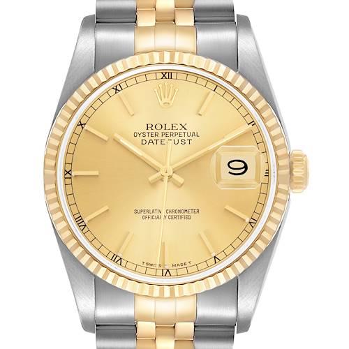 The Rolex Datejust 16233 Men's Steel and Gold (two tone) Champagne Dial watch is shown from the front, highlighting the dial, bezel, and part of the bracelet.