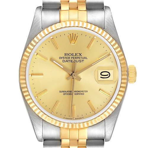 The Rolex Datejust 16013 Men's Steel and Gold (two tone) Champagne Dial watch is shown from the front, highlighting its dial, bezel, bracelet, and crown.