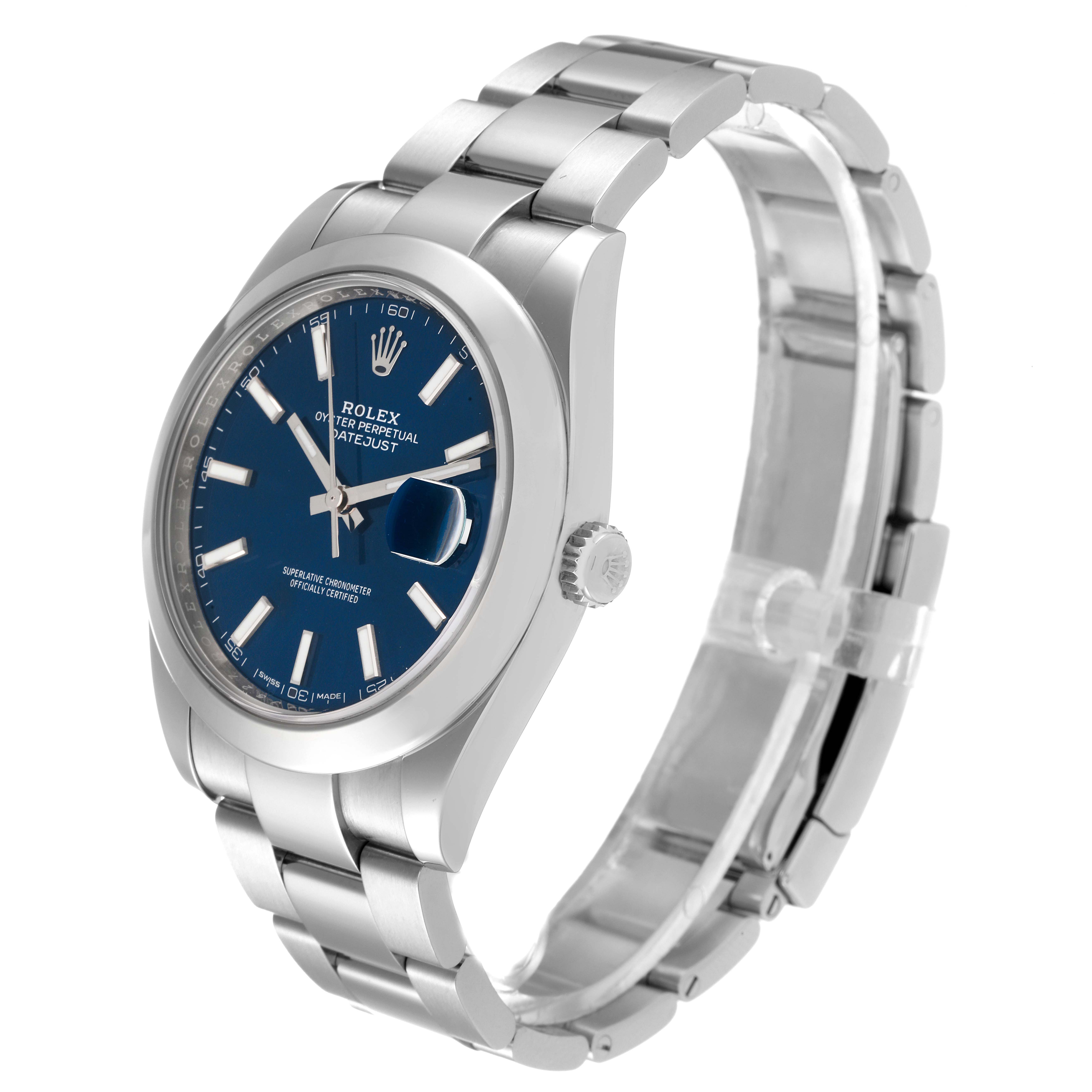 The image shows a Rolex Datejust 41 126300 Men's Stainless Steel Blue Dial 126300 Men's Stainless Steel Blue Dial model at a slight angle, displaying the watch face, bezel, bracelet, and crown.