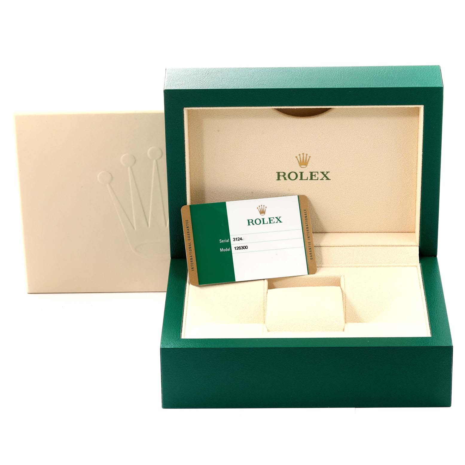 This image shows the packaging for a Rolex Datejust 41 126300 Men's Stainless Steel Blue Dial 126300 Men's Stainless Steel Blue Dial model, including the Rolex branded box and card.