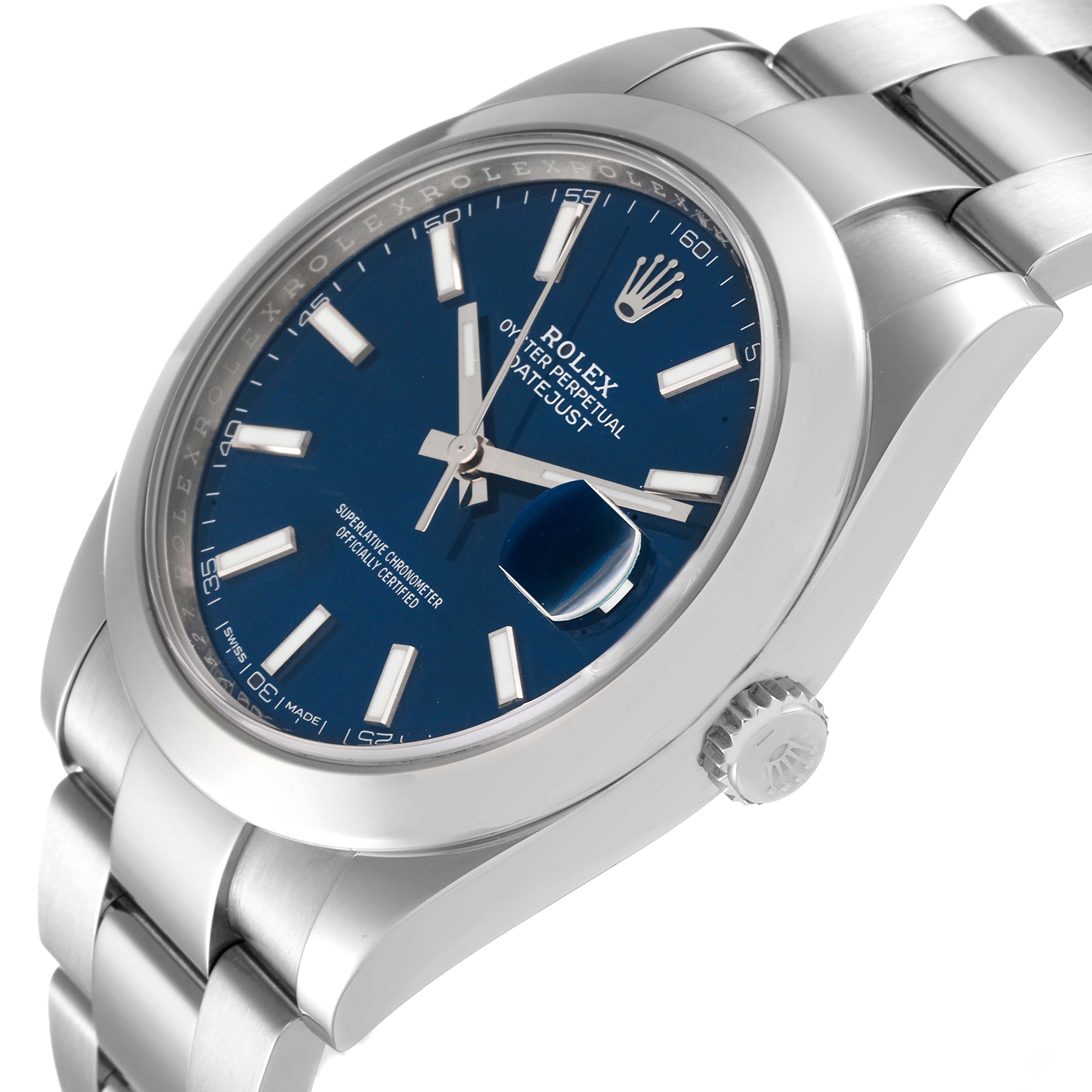 The Rolex Datejust 41 126300 Men's Stainless Steel Blue Dial 126300 Men's Stainless Steel Blue Dial watch is shown at an angled side view, highlighting the dial, bracelet, bezel, and crown.