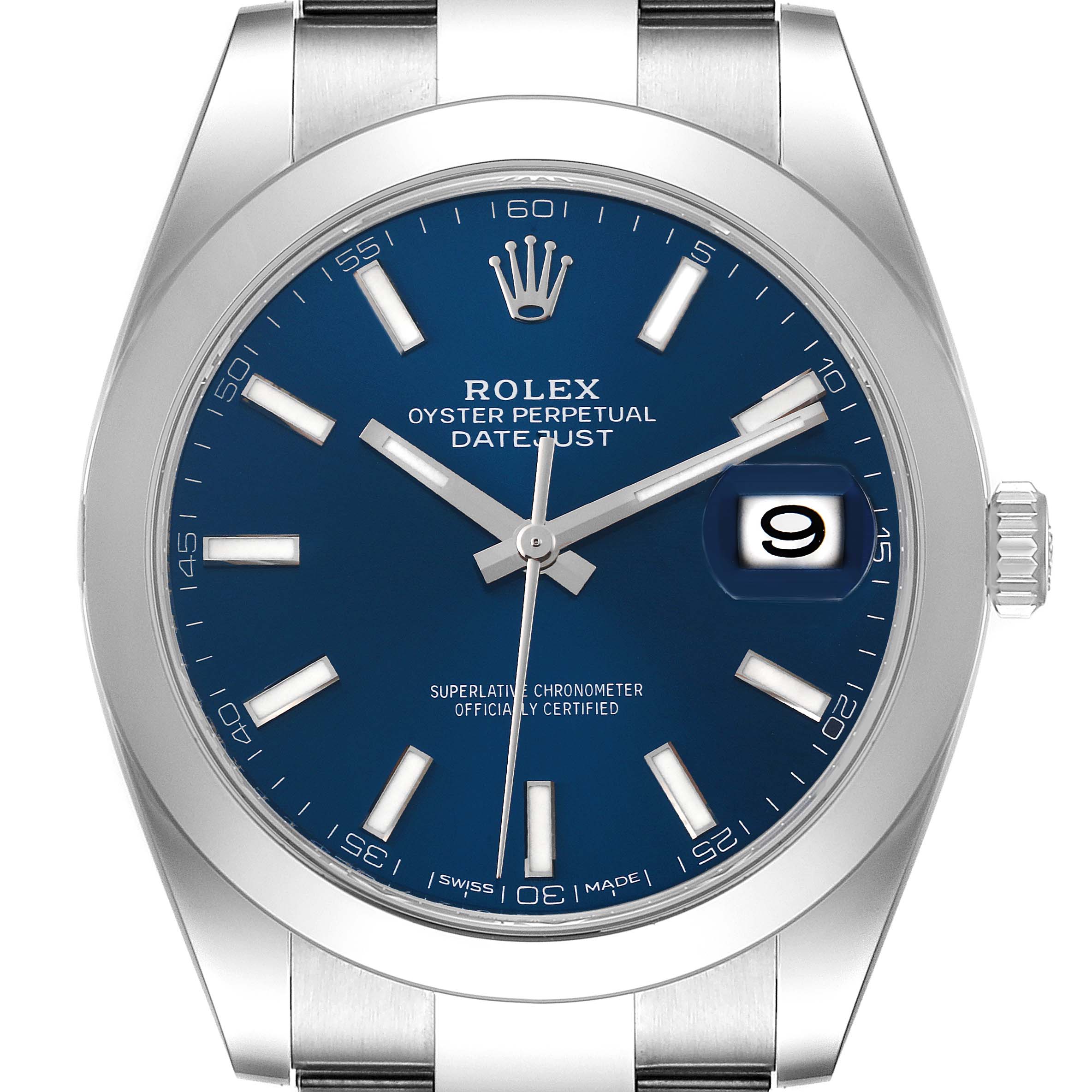 This image shows a close-up of the Rolex Datejust 41 126300 Men's Stainless Steel Blue Dial 126300 Men's Stainless Steel Blue Dial watch face, highlighting the blue dial and the date window.