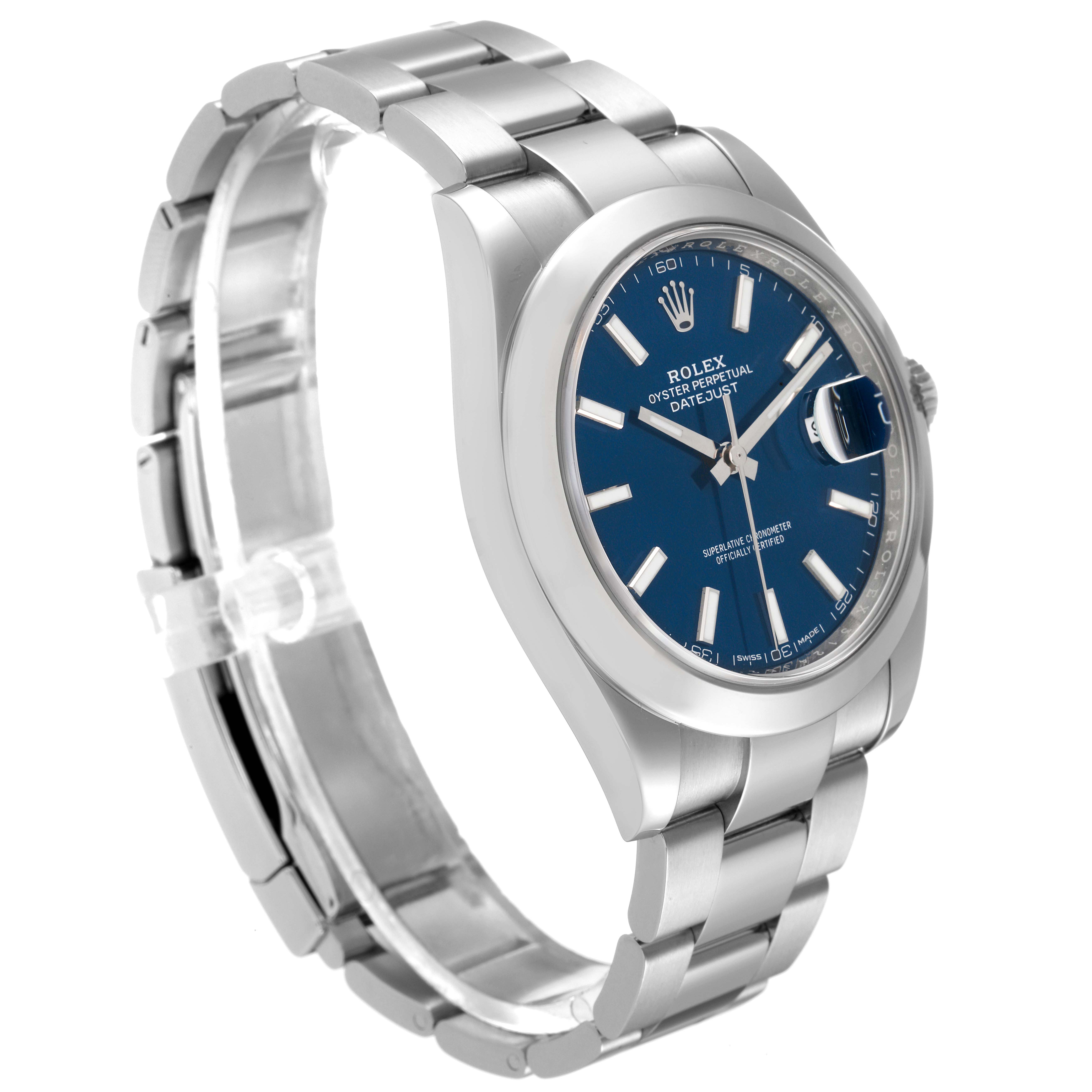 The image shows a Rolex Datejust 41 126300 Men's Stainless Steel Blue Dial 126300 Men's Stainless Steel Blue Dial watch at a slight angle, displaying its blue dial, bracelet, case, and crown.