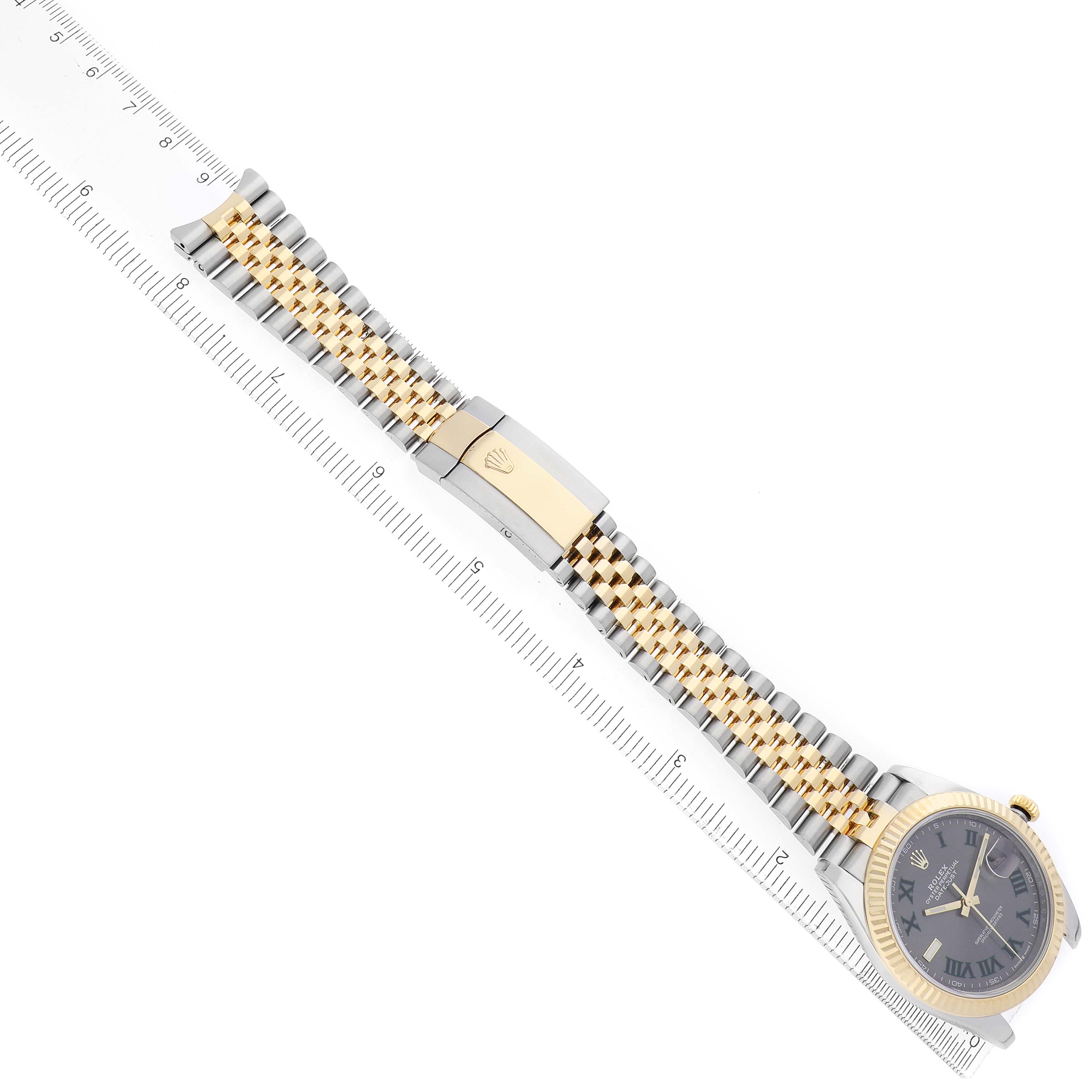 The Rolex Datejust 41 126333 Men
s Steel and Gold (two tone) Grey Dial is shown at an angled top view, highlighting the watch face, bracelet, and clasp.