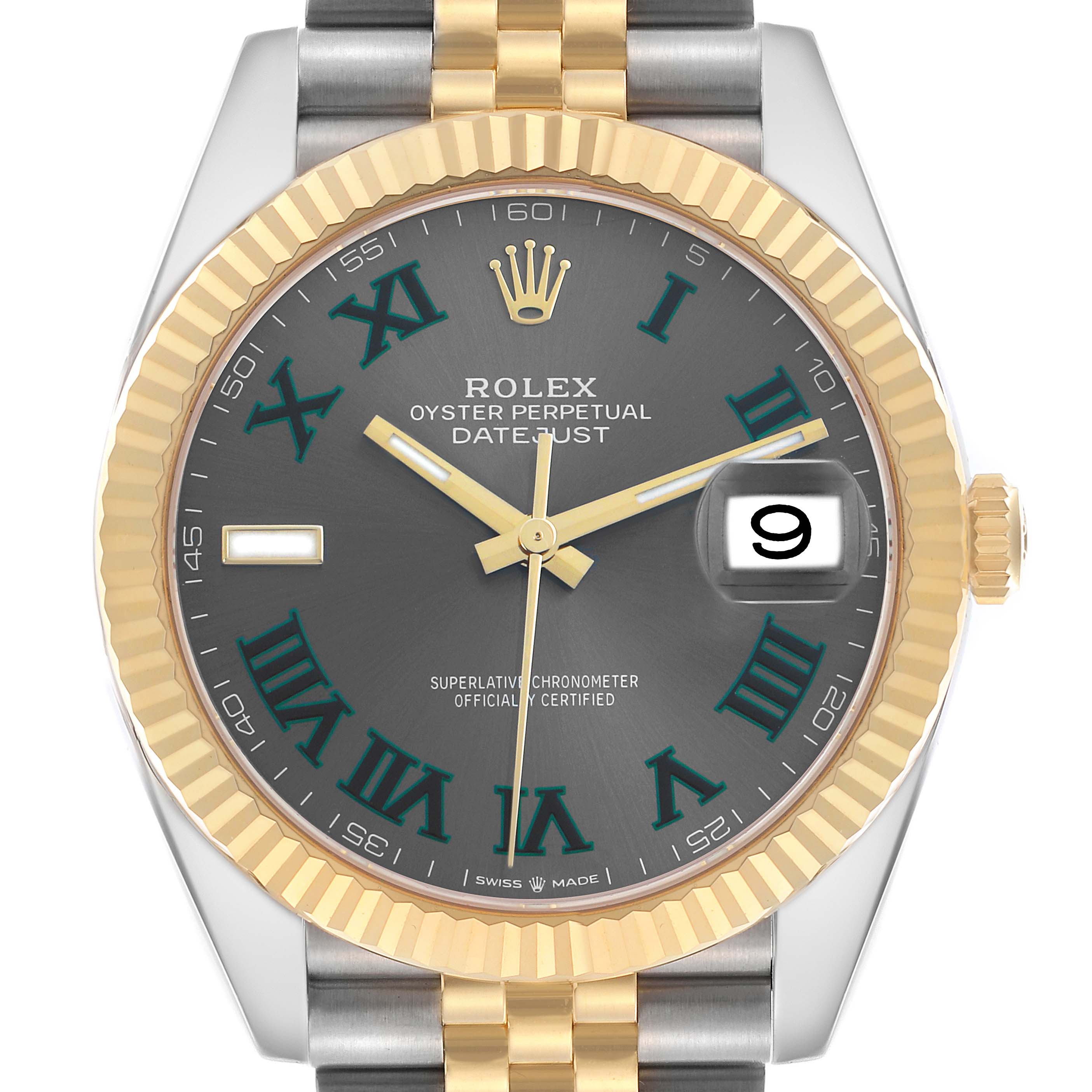 The Rolex Datejust 41 126333 Men
s Steel and Gold (two tone) Grey Dial watch is shown from the front, featuring its dial, bezel, crown, and part of the bracelet.