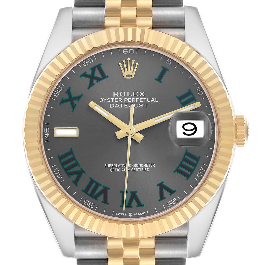 The Rolex Datejust 41 126333 Men's Steel and Gold (two tone) Grey Dial watch is shown from the front, featuring its dial, bezel, crown, and part of the bracelet.