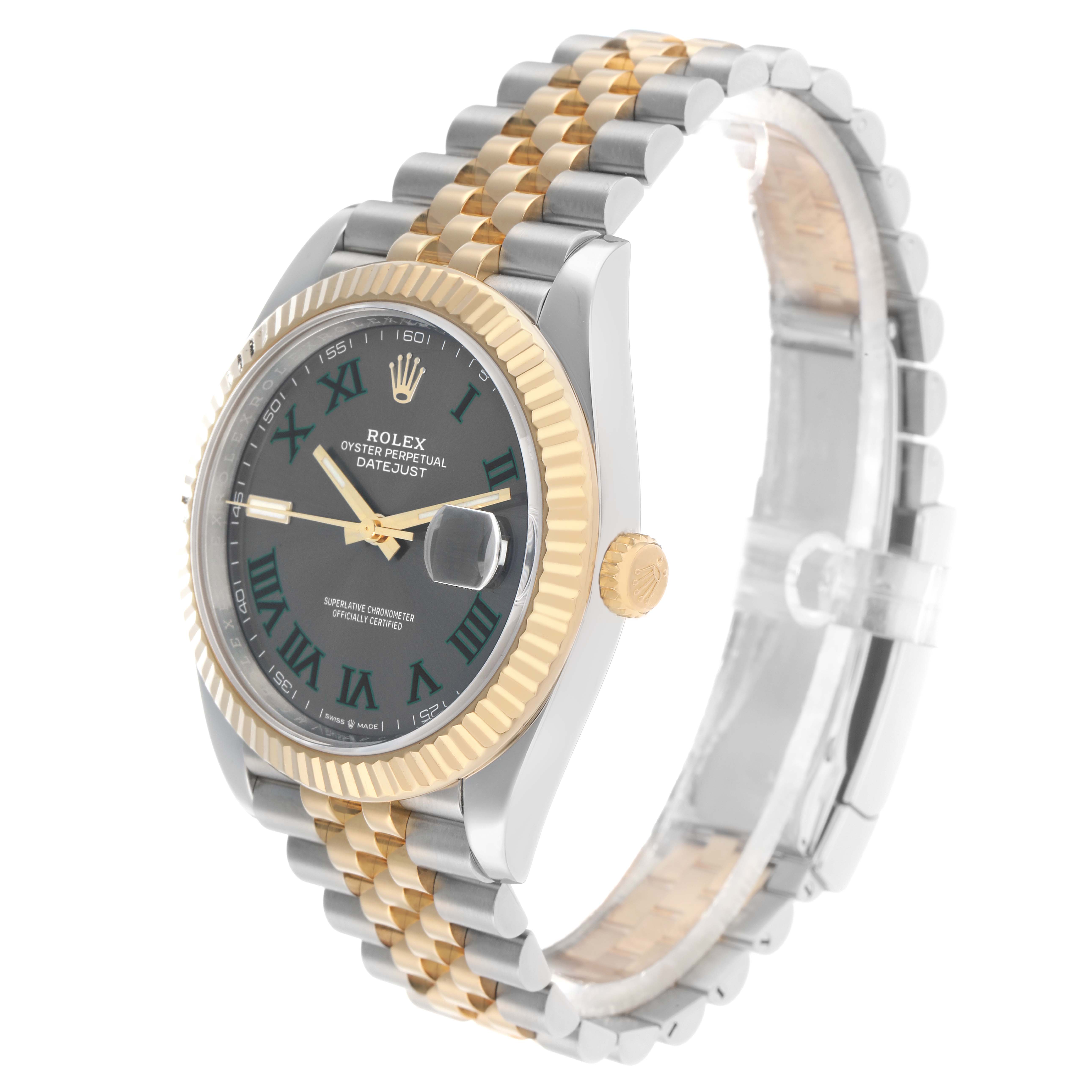 The Rolex Datejust 41 126333 Men
s Steel and Gold (two tone) Grey Dial is shown at a three-quarter angle, highlighting the dial, bezel, crown, and bracelet.