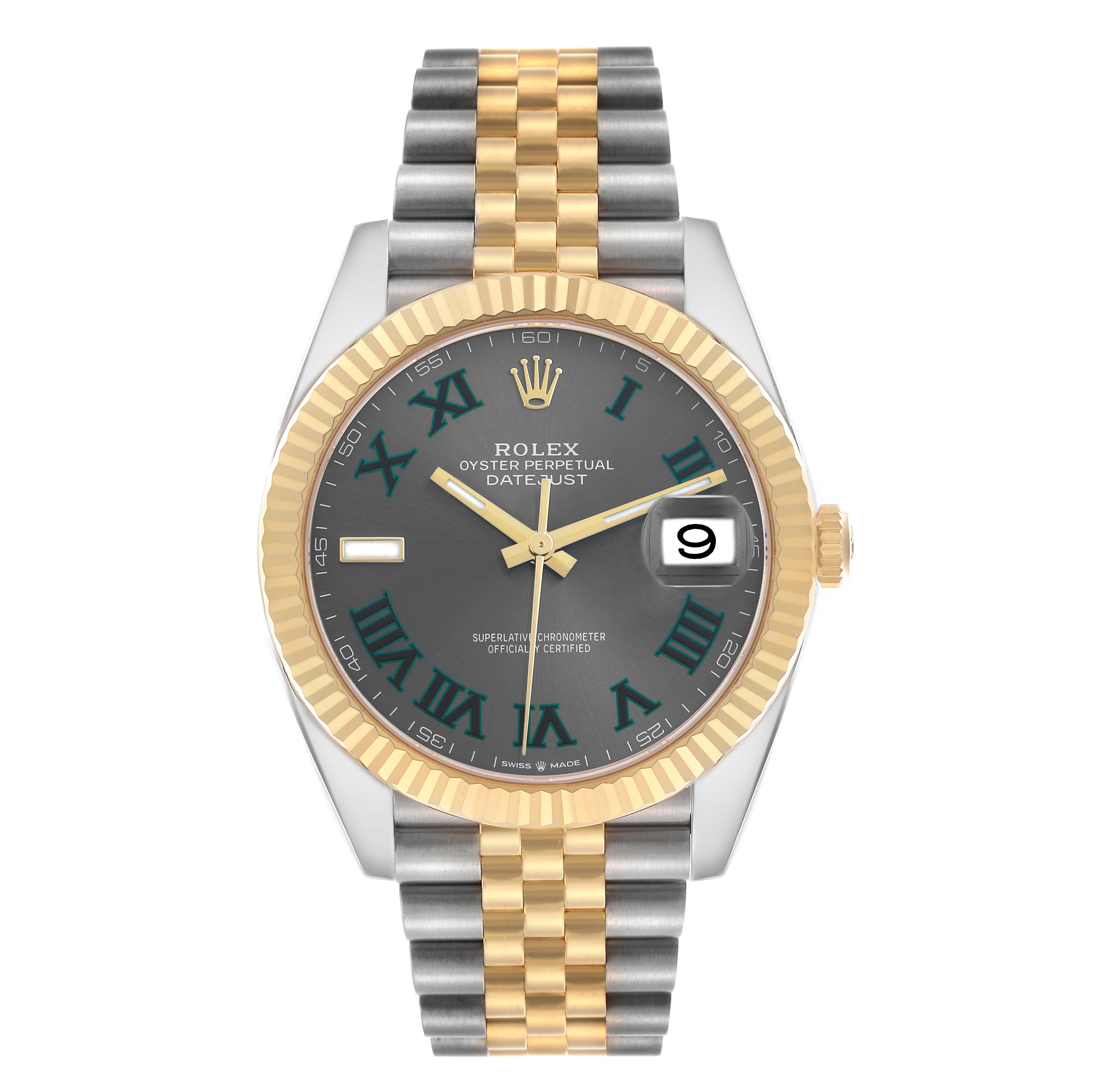 The Datejust 41 by Rolex is shown from the front, highlighting the dial, fluted bezel, and two-tone bracelet.