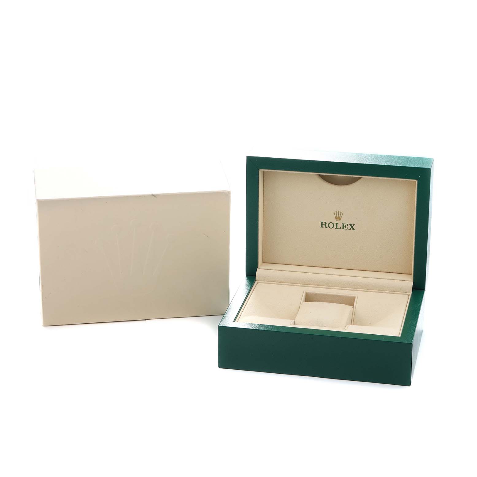 The image shows an open green Rolex box and its outer packaging for a Datejust 41 model.