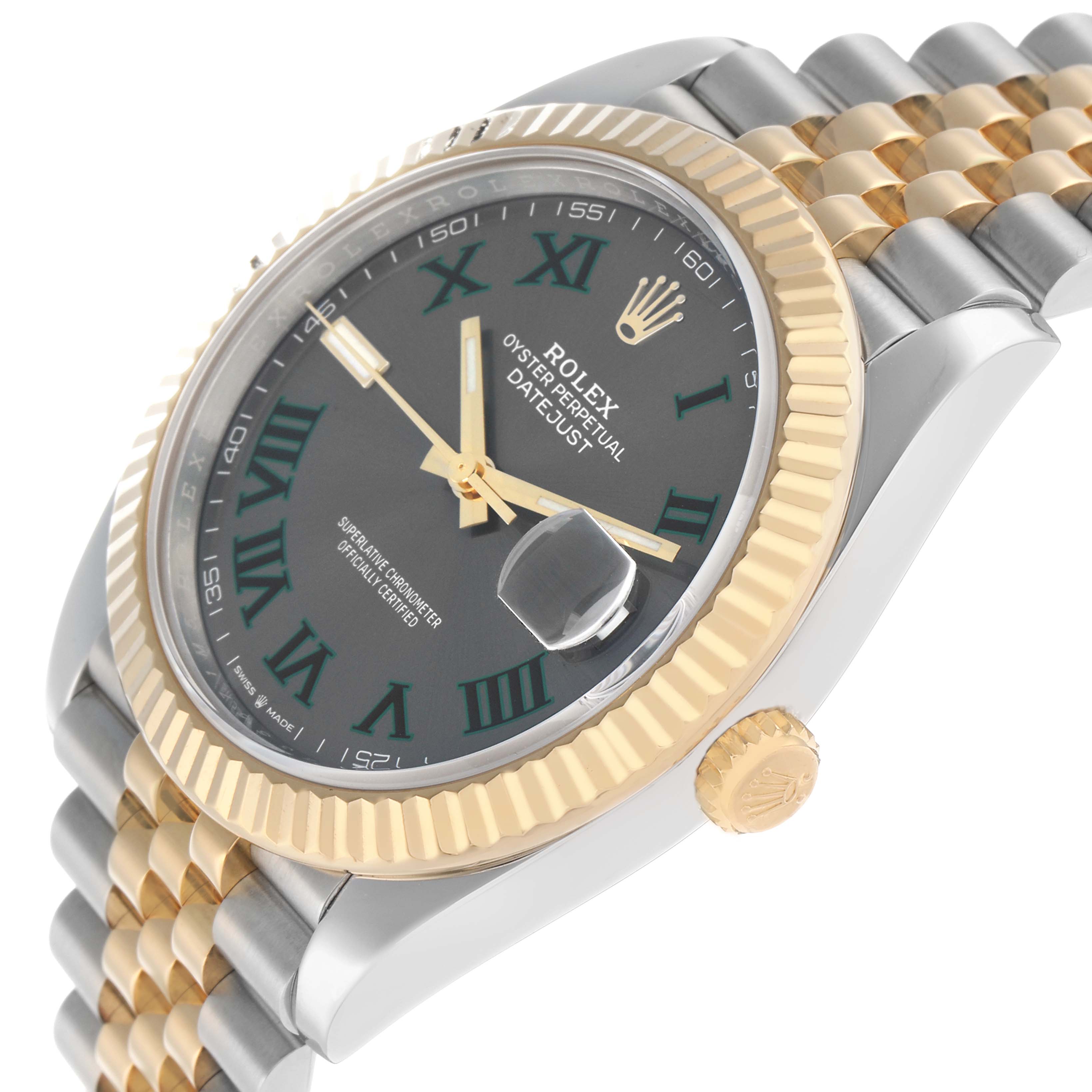 The Rolex Datejust 41 126333 Men
s Steel and Gold (two tone) Grey Dial is shown at an angle highlighting the dial, bezel, crown, and a portion of the bracelet.