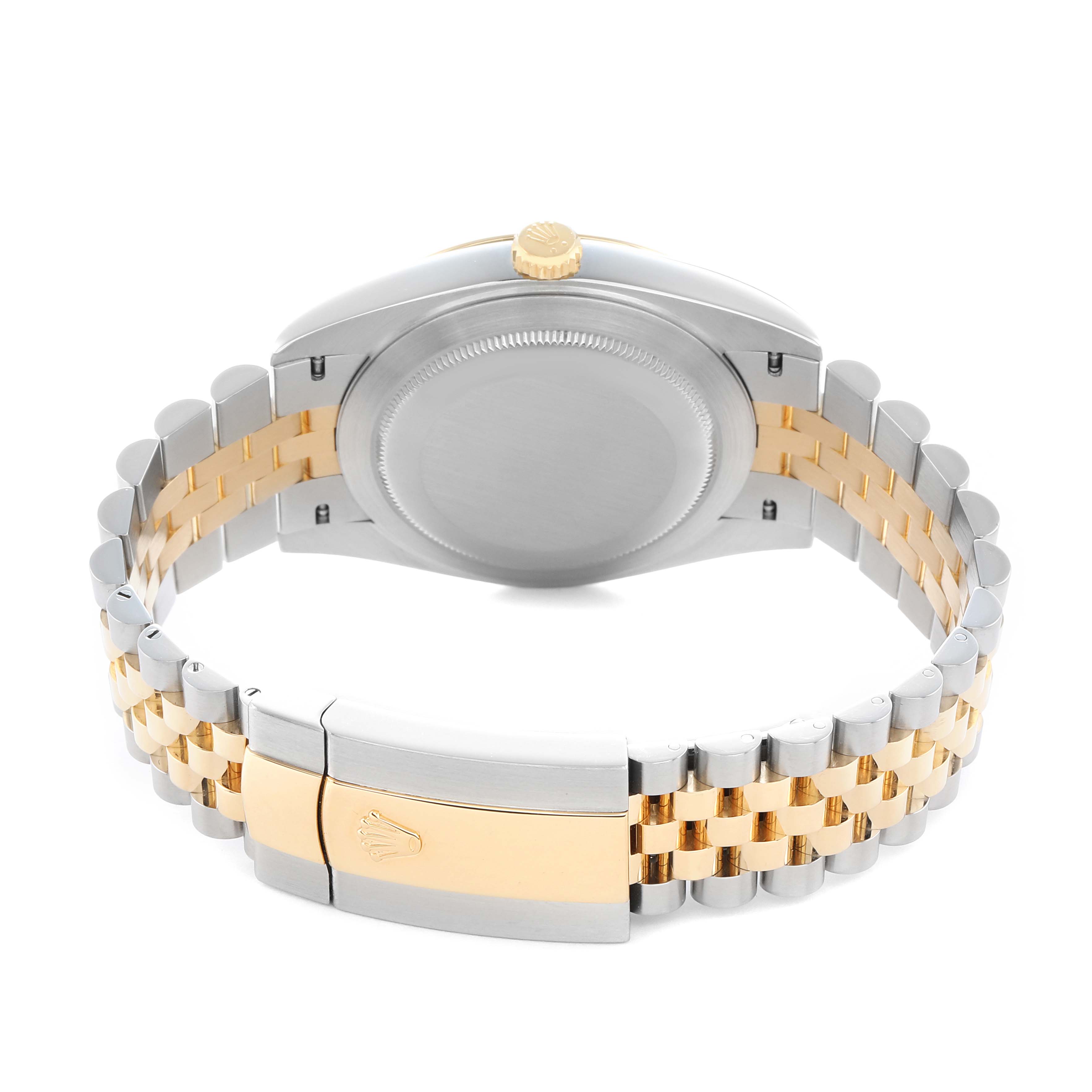 The image shows the back view of a Rolex Datejust 41 126333 Men
s Steel and Gold (two tone) Grey Dial, highlighting the case back and two-tone stainless steel and gold bracelet.