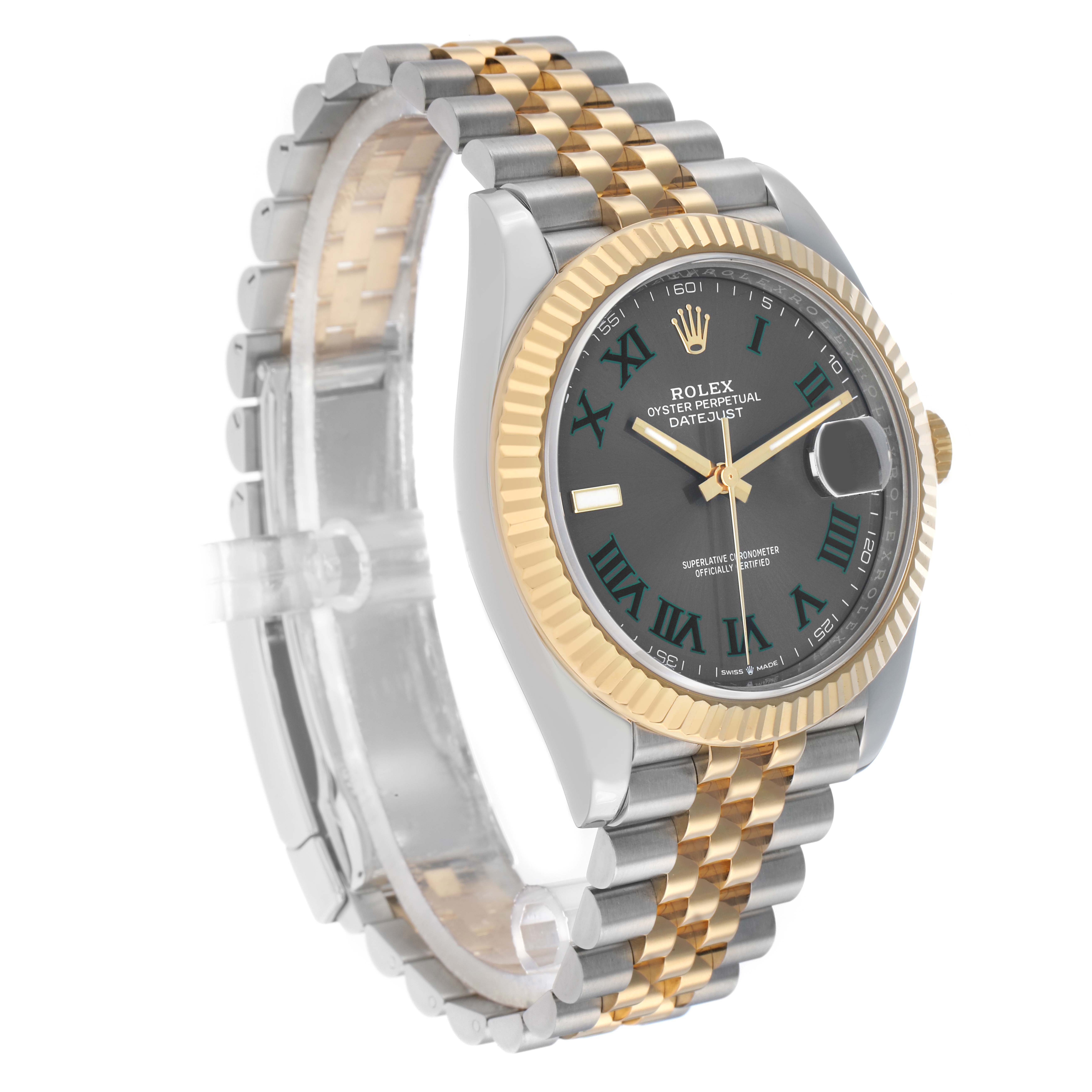 The Rolex Datejust 41 126333 Men
s Steel and Gold (two tone) Grey Dial is shown at a three-quarter angle, highlighting the dial, fluted bezel, and Jubilee bracelet.