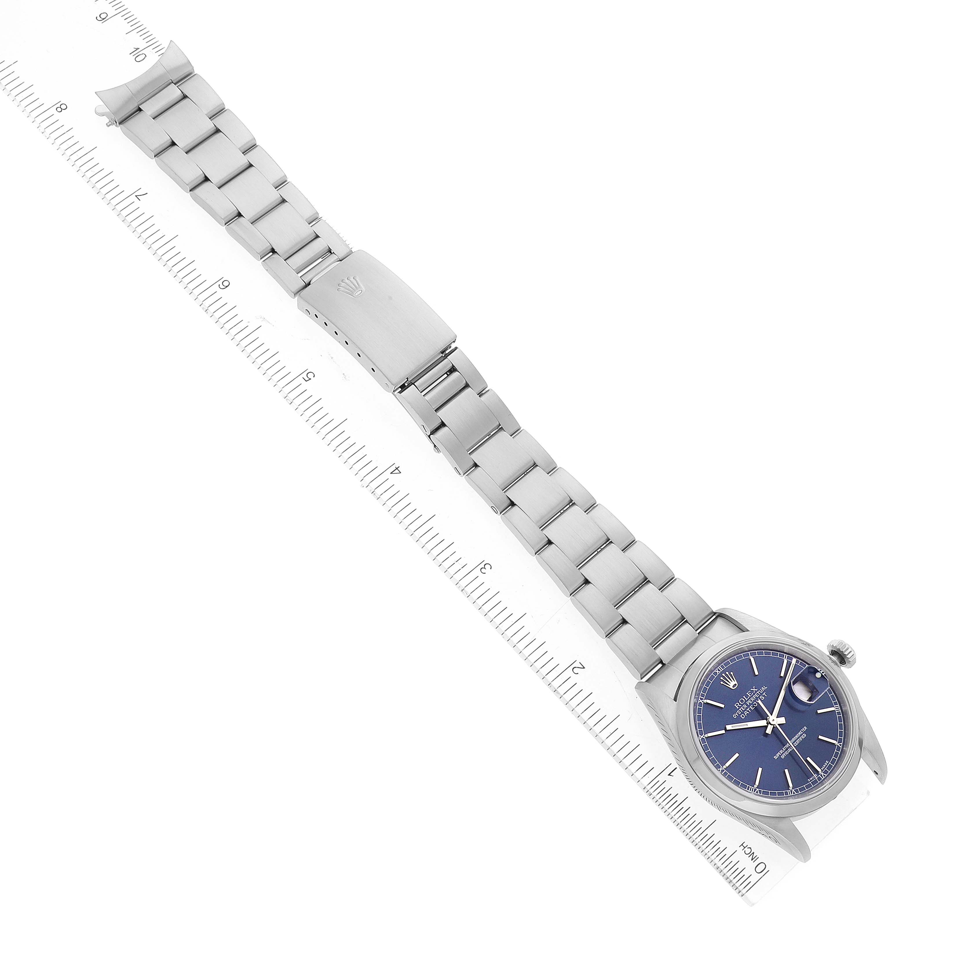 The image shows a Rolex Datejust 16200 Men's Stainless Steel Blue Dial 16200 Men's Stainless Steel Blue Dial watch laid flat, displaying the bracelet, clasp, and blue dial.