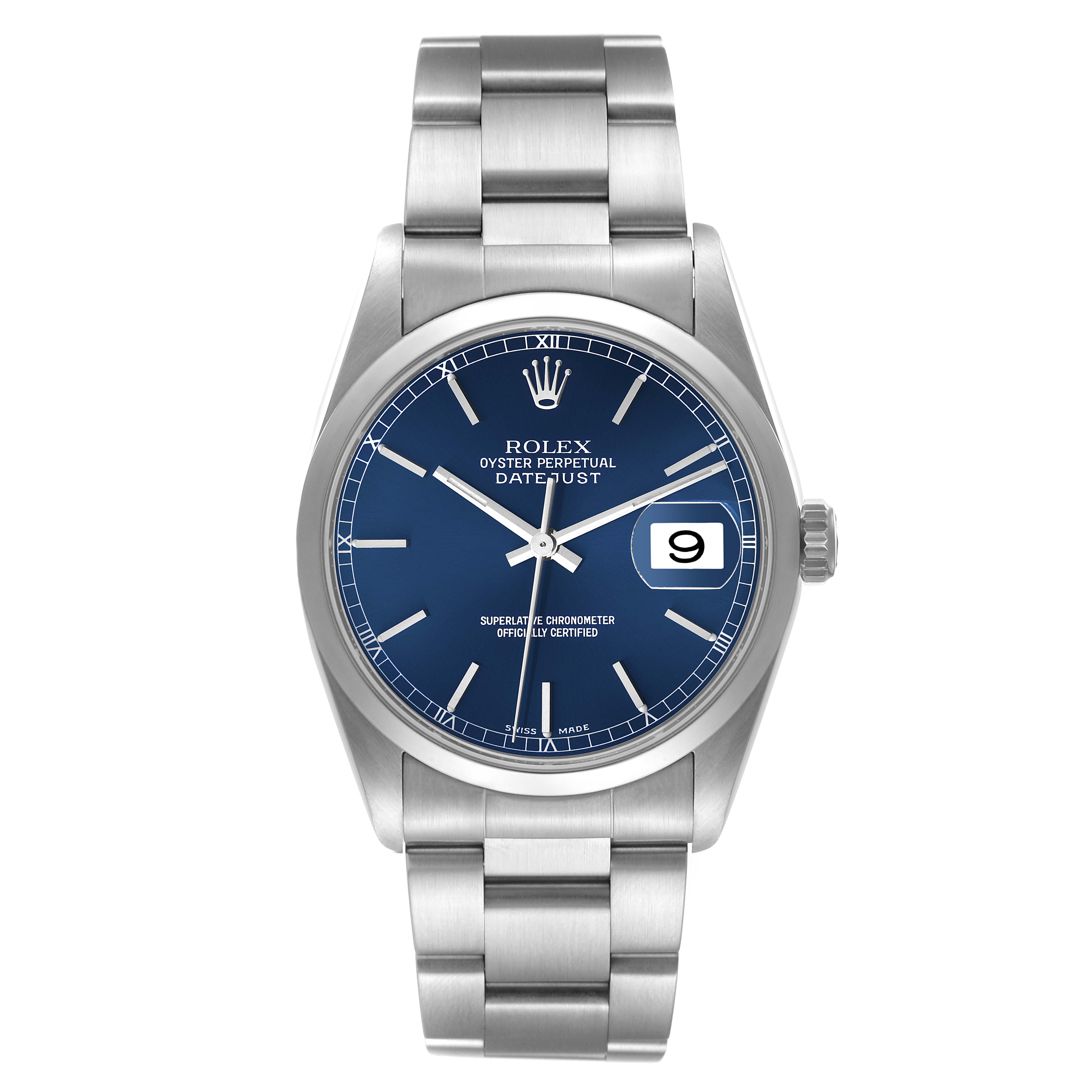 This Rolex Datejust 16200 Men's Stainless Steel Blue Dial 16200 Men's Stainless Steel Blue Dial watch is shown from a front angle, displaying the face, dial, and bracelet.