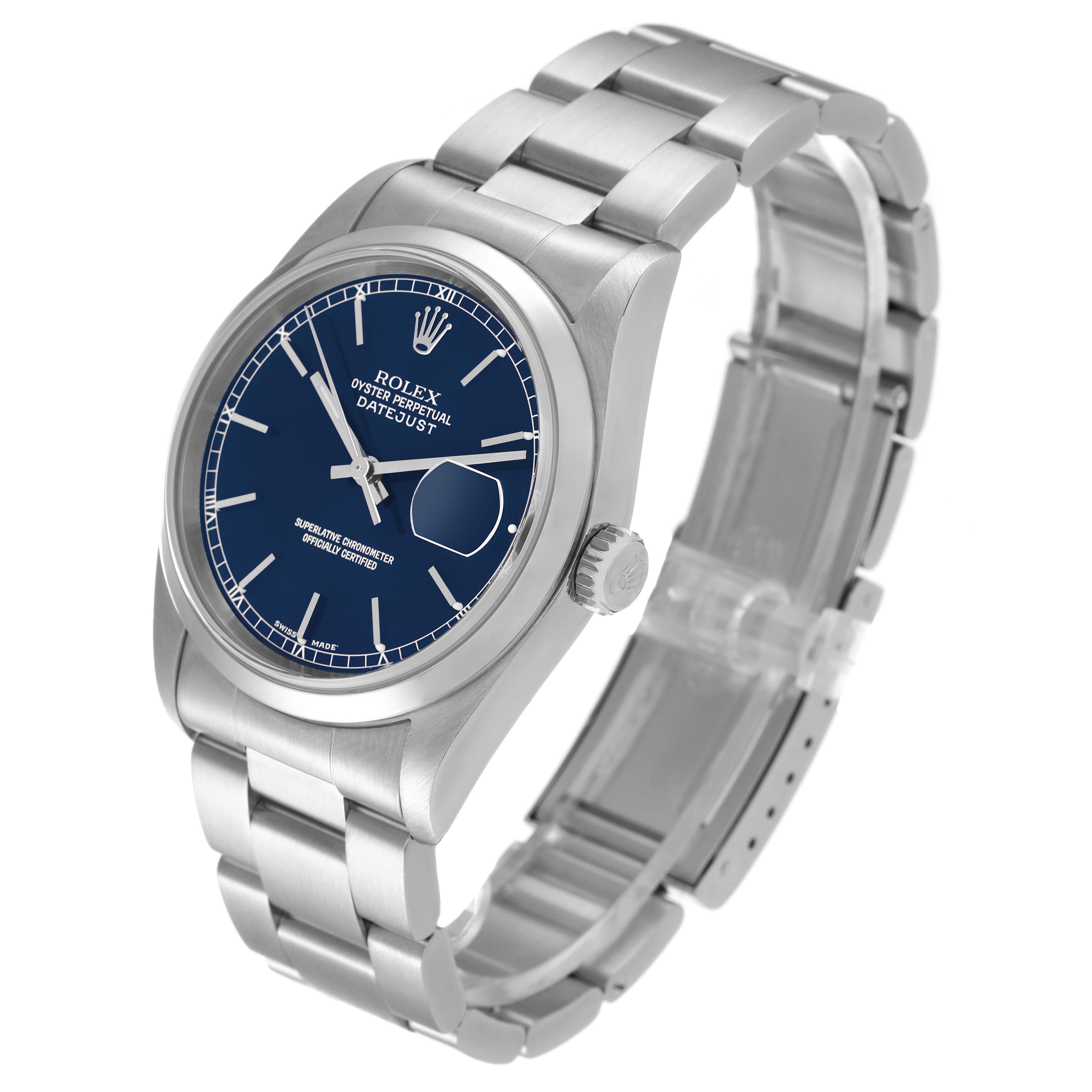 This image shows a Rolex Datejust 16200 Men's Stainless Steel Blue Dial 16200 Men's Stainless Steel Blue Dial watch at a slight angle, displaying its face, bracelet, and crown.
