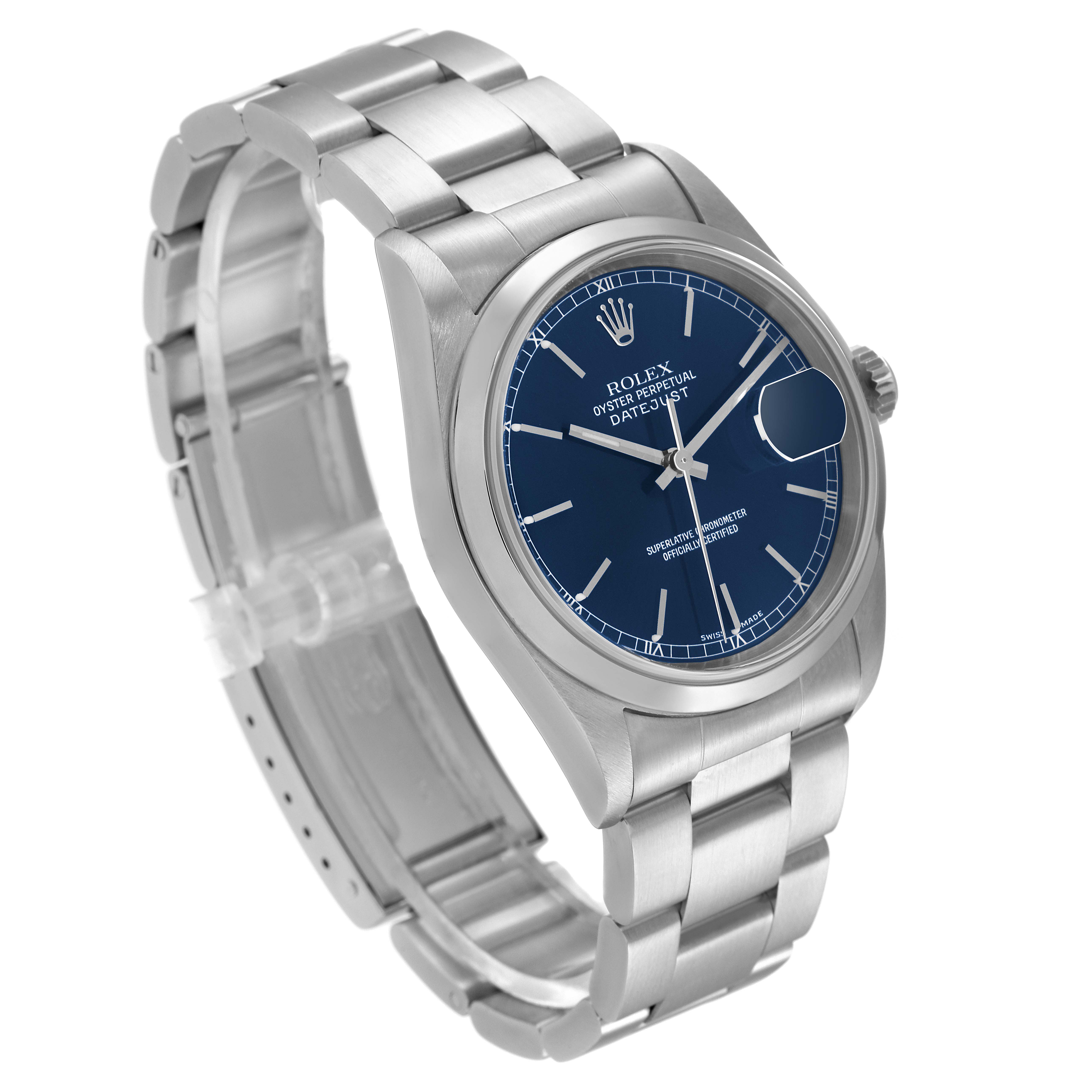 The watch is a Rolex Datejust 16200 Men's Stainless Steel Blue Dial 16200 Men's Stainless Steel Blue Dial, shown from a three-quarter angle, displaying the face, bezel, crown, and bracelet.