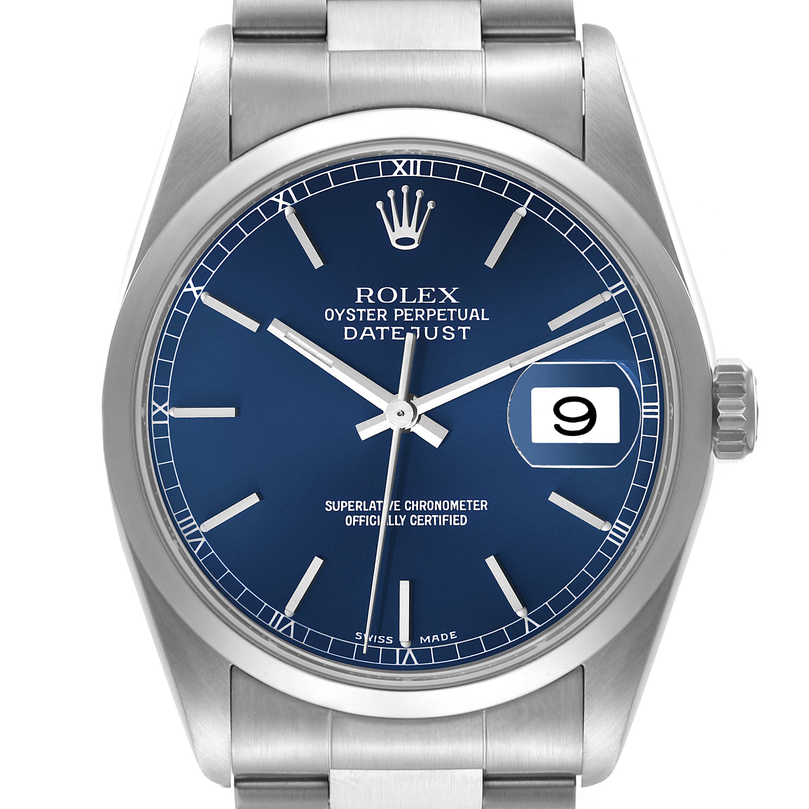 This image shows a frontal view of a Rolex Datejust 16200 Men's Stainless Steel Blue Dial 16200 Men's Stainless Steel Blue Dial watch, featuring a blue dial, silver hands, and a date display at 3 o'clock.