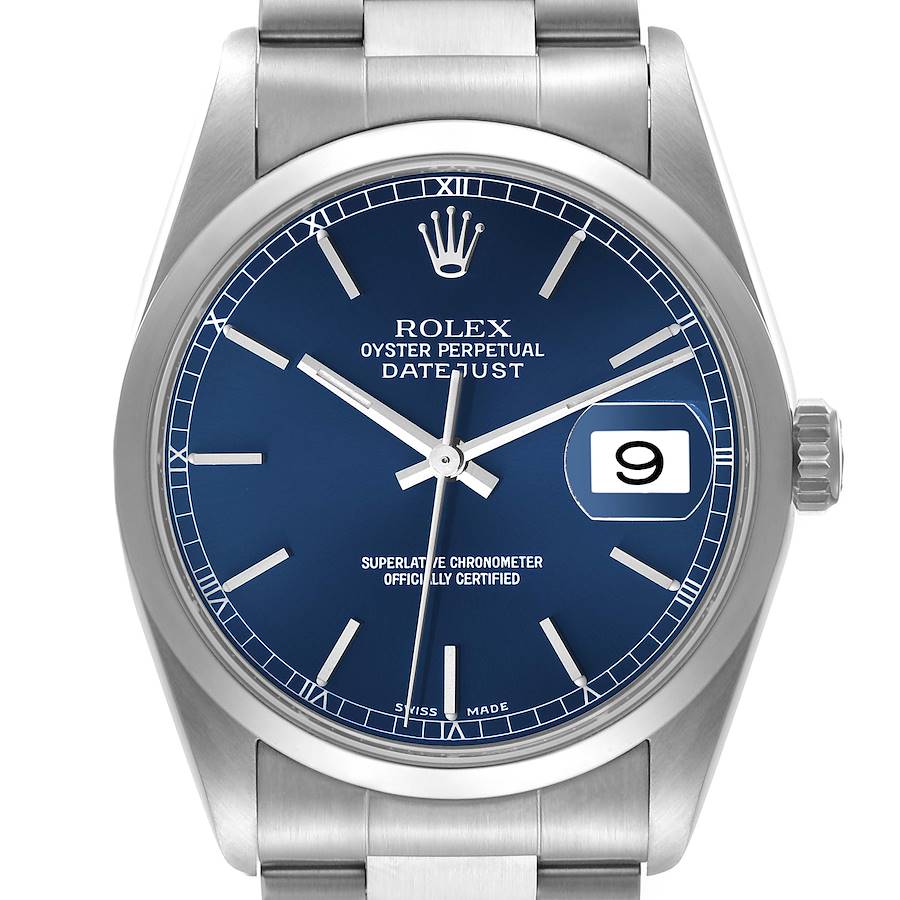 Rolex Datejust Blue Dial Oyster Bracelet Steel Mens Watch 16200 Box Service Card SwissWatchExpo