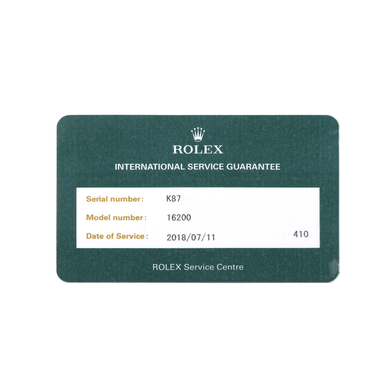 This image shows a Rolex International Service Guarantee card for the Datejust model 16200.