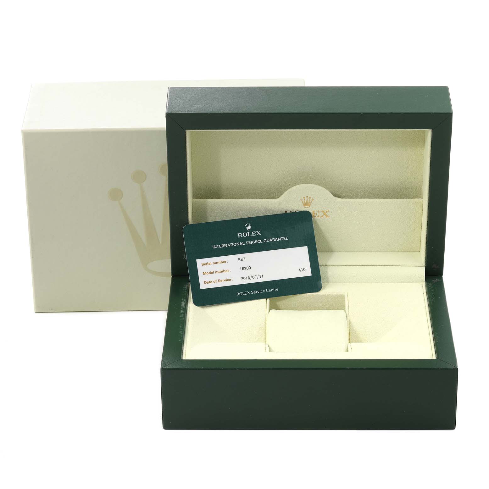 The image shows an open Rolex Datejust 16200 Men's Stainless Steel Blue Dial 16200 Men's Stainless Steel Blue Dial box with an international service guarantee card.