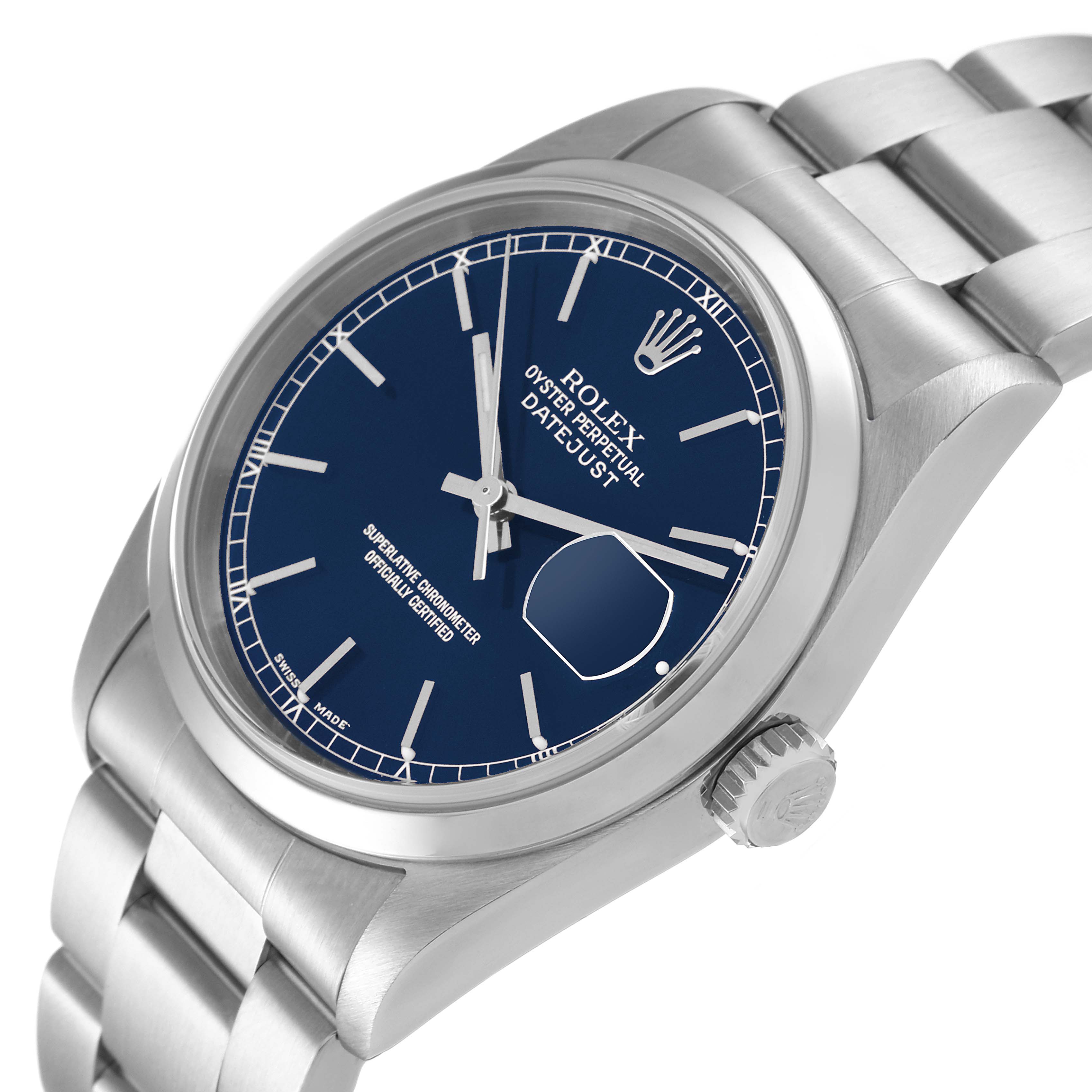 This image shows a Rolex Datejust 16200 Men's Stainless Steel Blue Dial 16200 Men's Stainless Steel Blue Dial watch from an angled side view, highlighting the blue dial, case, crown, and bracelet.