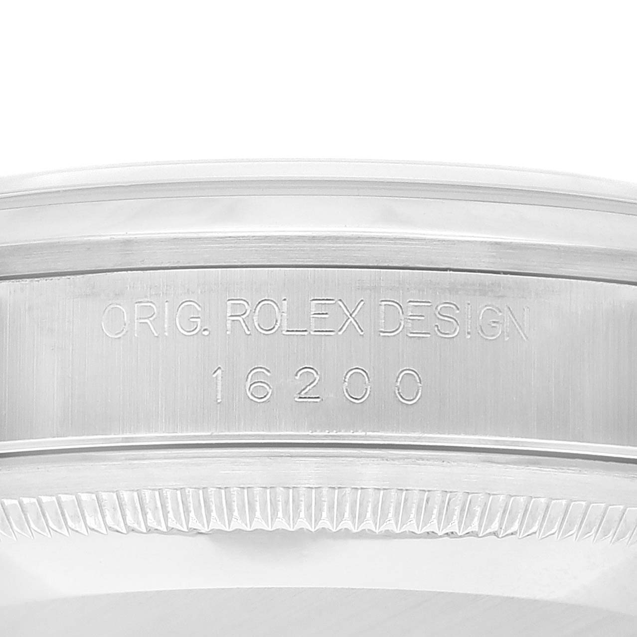 This close-up image shows the inner bezel with the model number engraving of a Rolex Datejust 16200 Men's Stainless Steel Blue Dial 16200 Men's Stainless Steel Blue Dial watch.