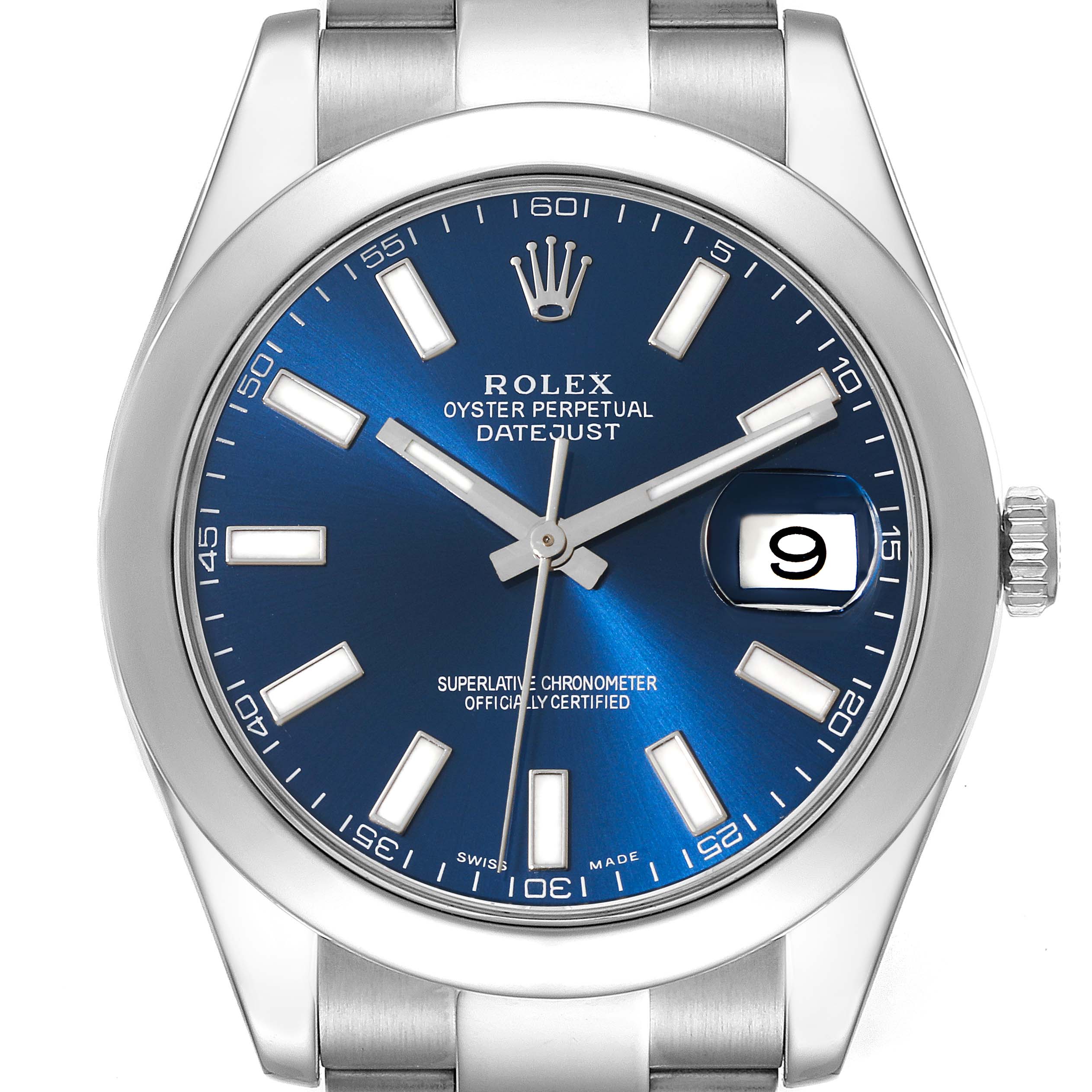 The Rolex Datejust 41 116300 Men
s Stainless Steel Blue Dial 116300 Men
s Stainless Steel Blue Dial is shown from a top-down angle, displaying its blue dial, hour markers, hands, and date window.