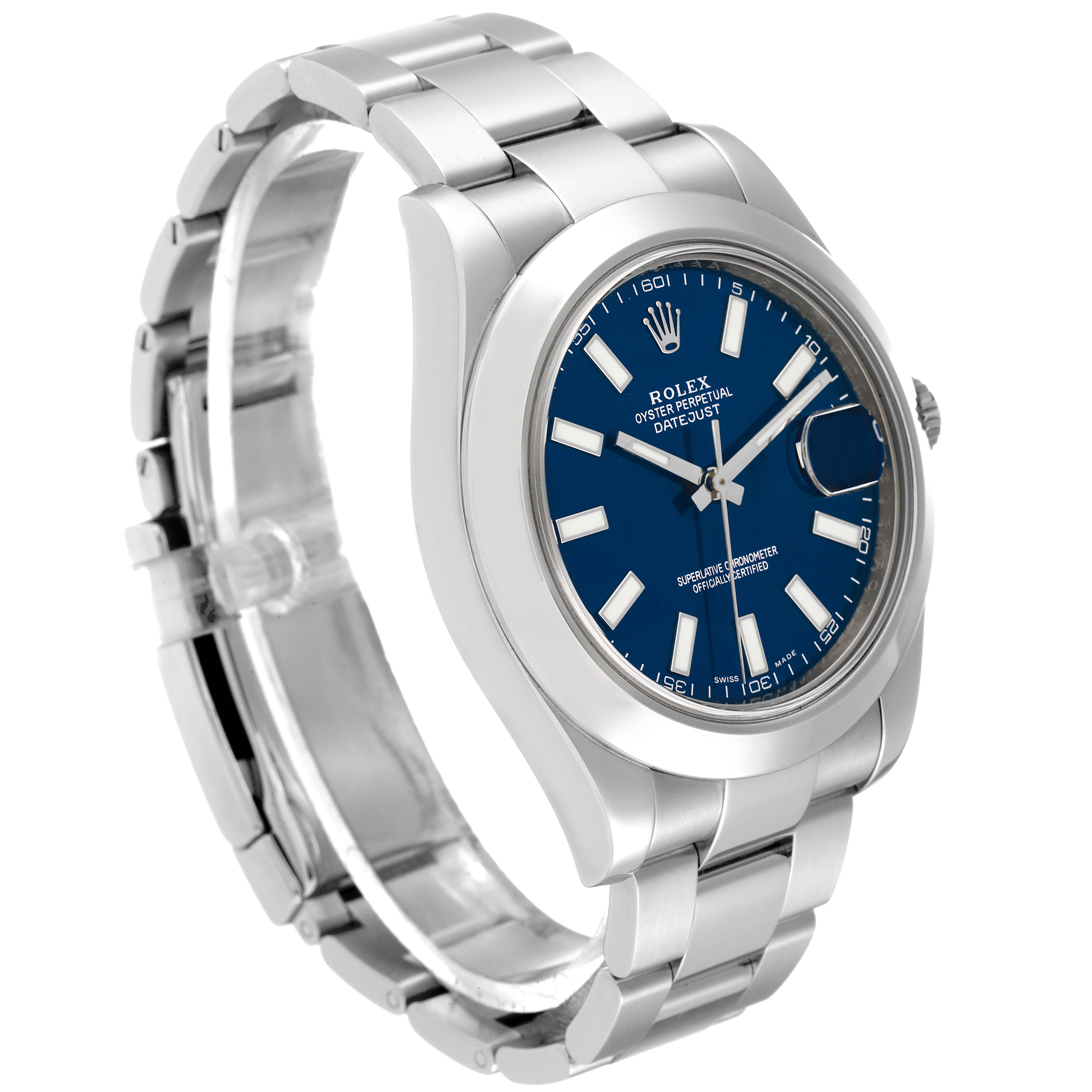 The image shows a Rolex Datejust 41 116300 Men
s Stainless Steel Blue Dial 116300 Men
s Stainless Steel Blue Dial model watch from an angled side view, highlighting its blue dial, stainless steel case, and bracelet.