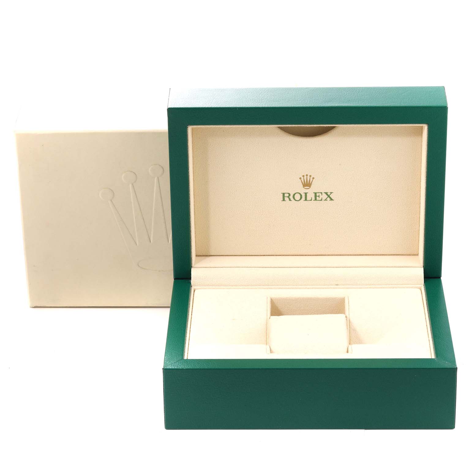 This image shows an open green and beige Rolex box, likely for a Datejust 41 model watch, with the Rolex logo inside.