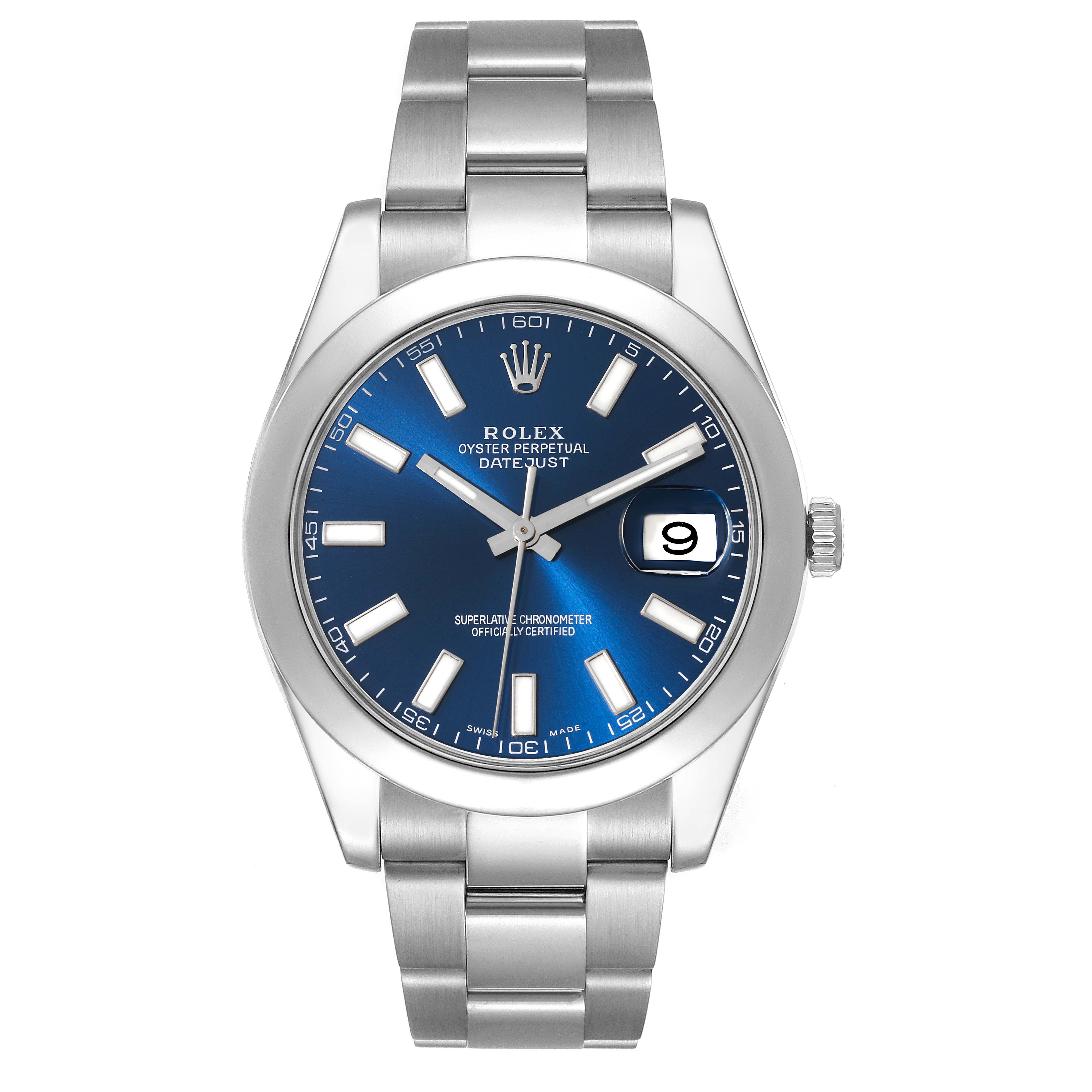 This image shows a front view of the Rolex Datejust 41 116300 Men
s Stainless Steel Blue Dial 116300 Men
s Stainless Steel Blue Dial watch, highlighting its dial, bezel, and bracelet.