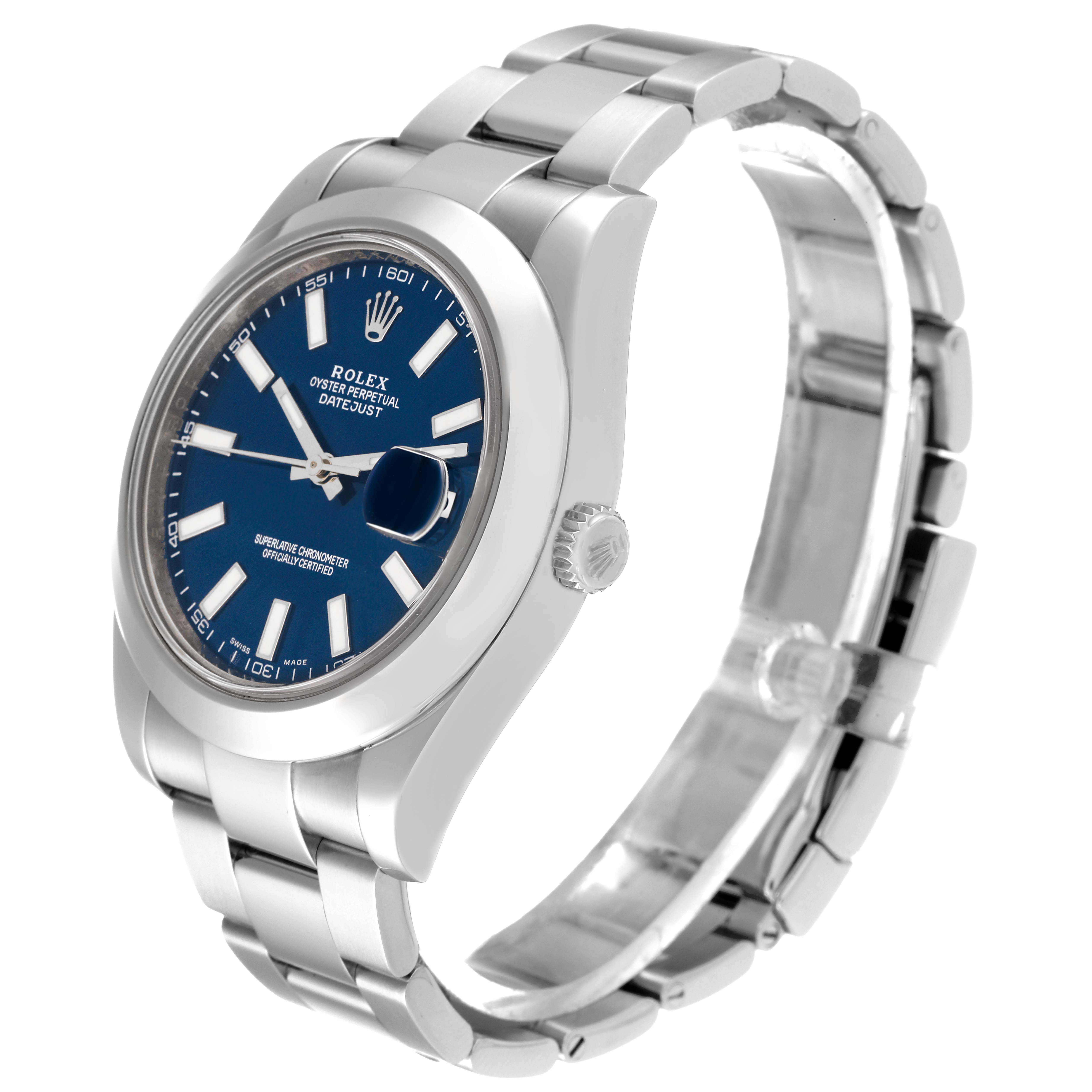 The Rolex Datejust 41 116300 Men
s Stainless Steel Blue Dial 116300 Men
s Stainless Steel Blue Dial watch is shown at a three-quarter angle displaying its blue dial, bezel, and stainless steel bracelet.