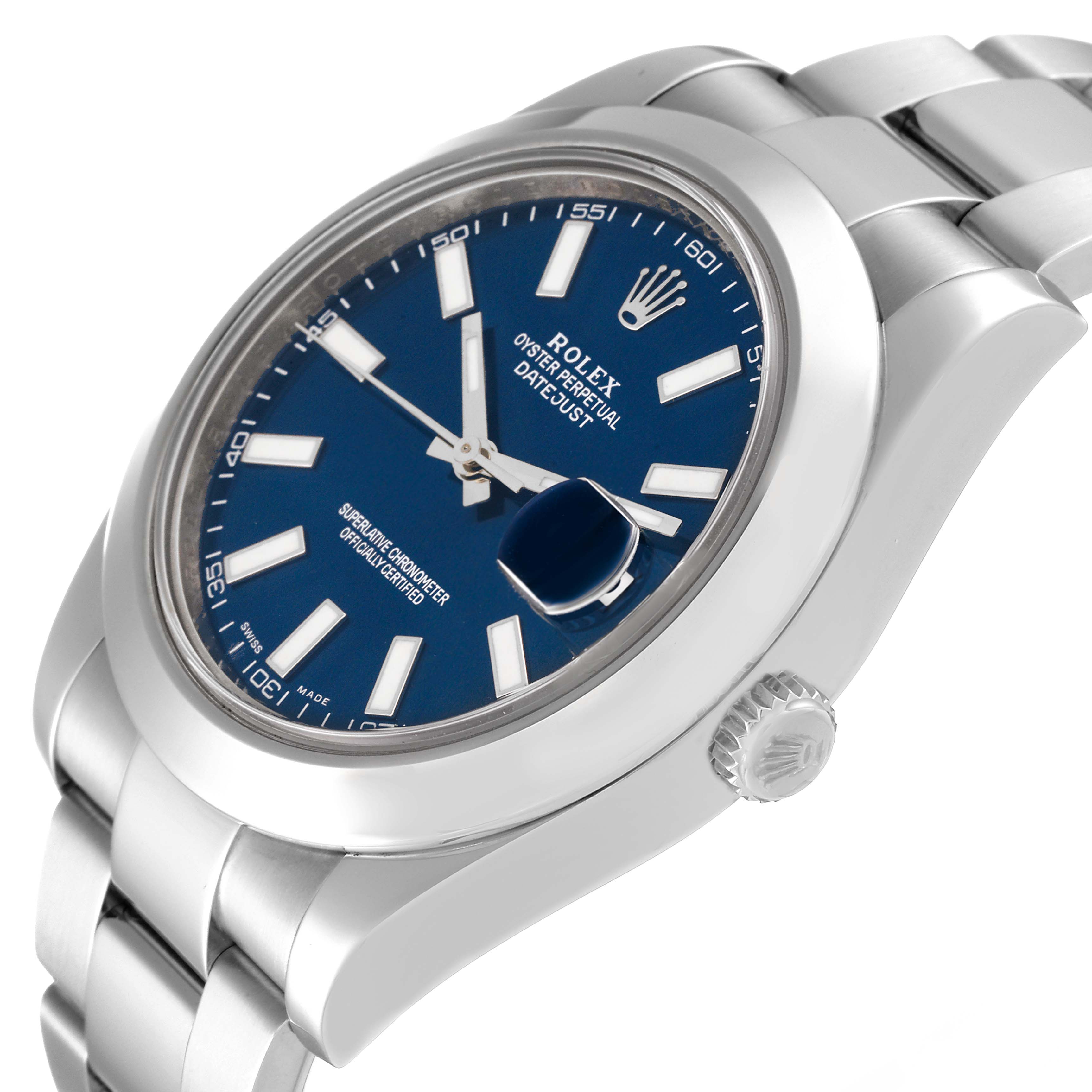 The image shows the Rolex Datejust 41 116300 Men
s Stainless Steel Blue Dial 116300 Men
s Stainless Steel Blue Dial model watch from an angled side view, highlighting the dial, bezel, and part of the bracelet.