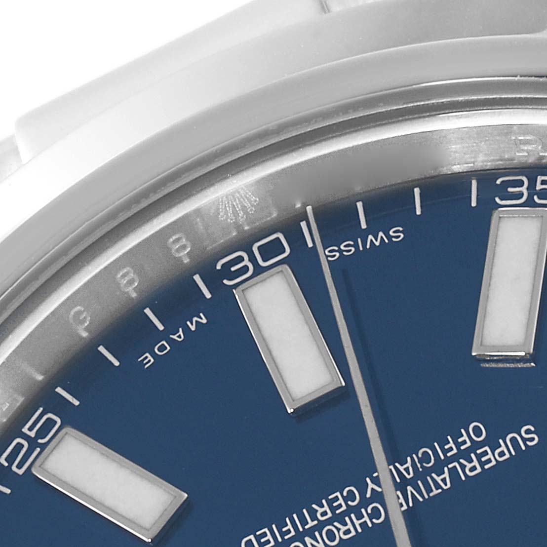 This image shows a close-up of the dial and part of the bezel of a Rolex Datejust 41 116300 Men
s Stainless Steel Blue Dial 116300 Men
s Stainless Steel Blue Dial watch.