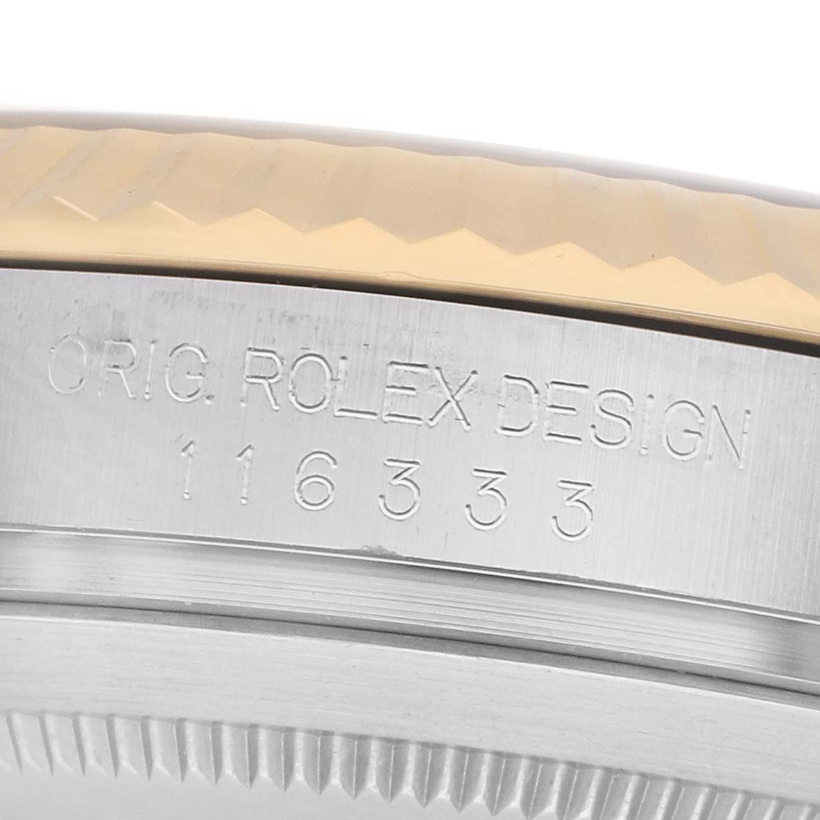 The image shows a close-up of the side of a Rolex Datejust 41 116333 Men
s Steel and Gold (two tone) Silver Dial model, highlighting the engraved model number.