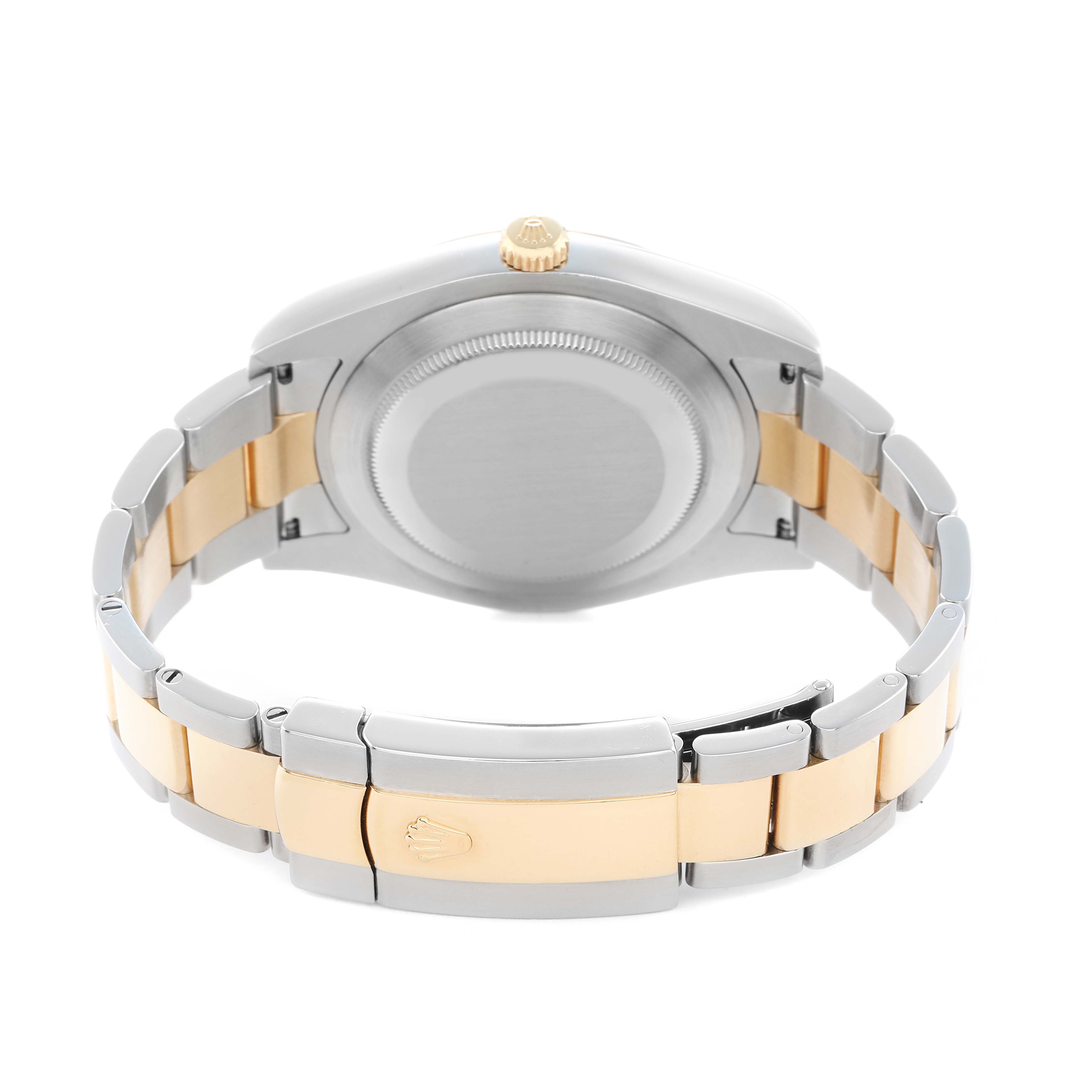 The image shows the back view of a Rolex Datejust 41 116333 Men
s Steel and Gold (two tone) Silver Dial, featuring its case back and two-tone bracelet with a visible clasp.