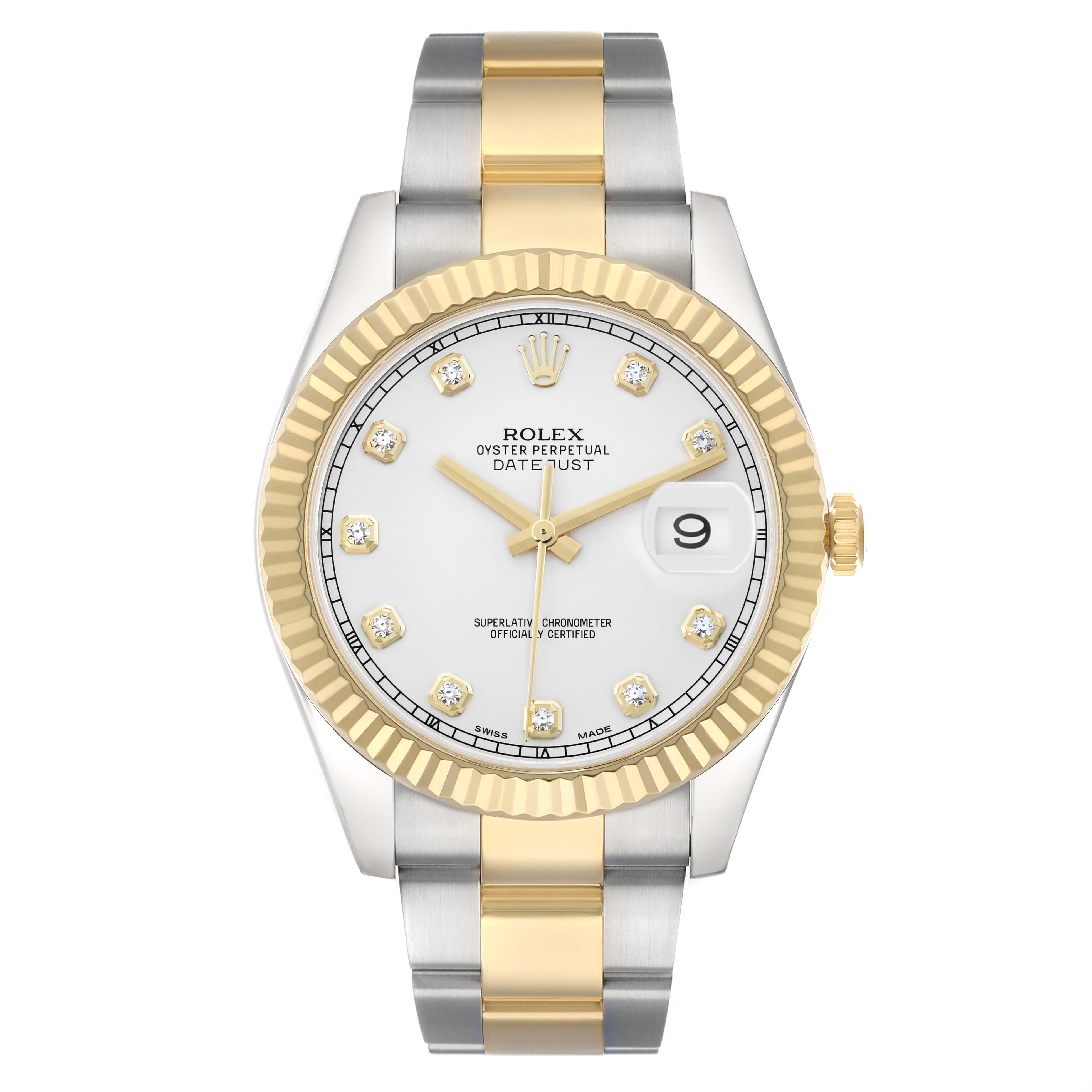 The Rolex Datejust 41 116333 Men
s Steel and Gold (two tone) Silver Dial is shown in a frontal view, highlighting its two-tone bracelet, fluted bezel, and white dial with date window.