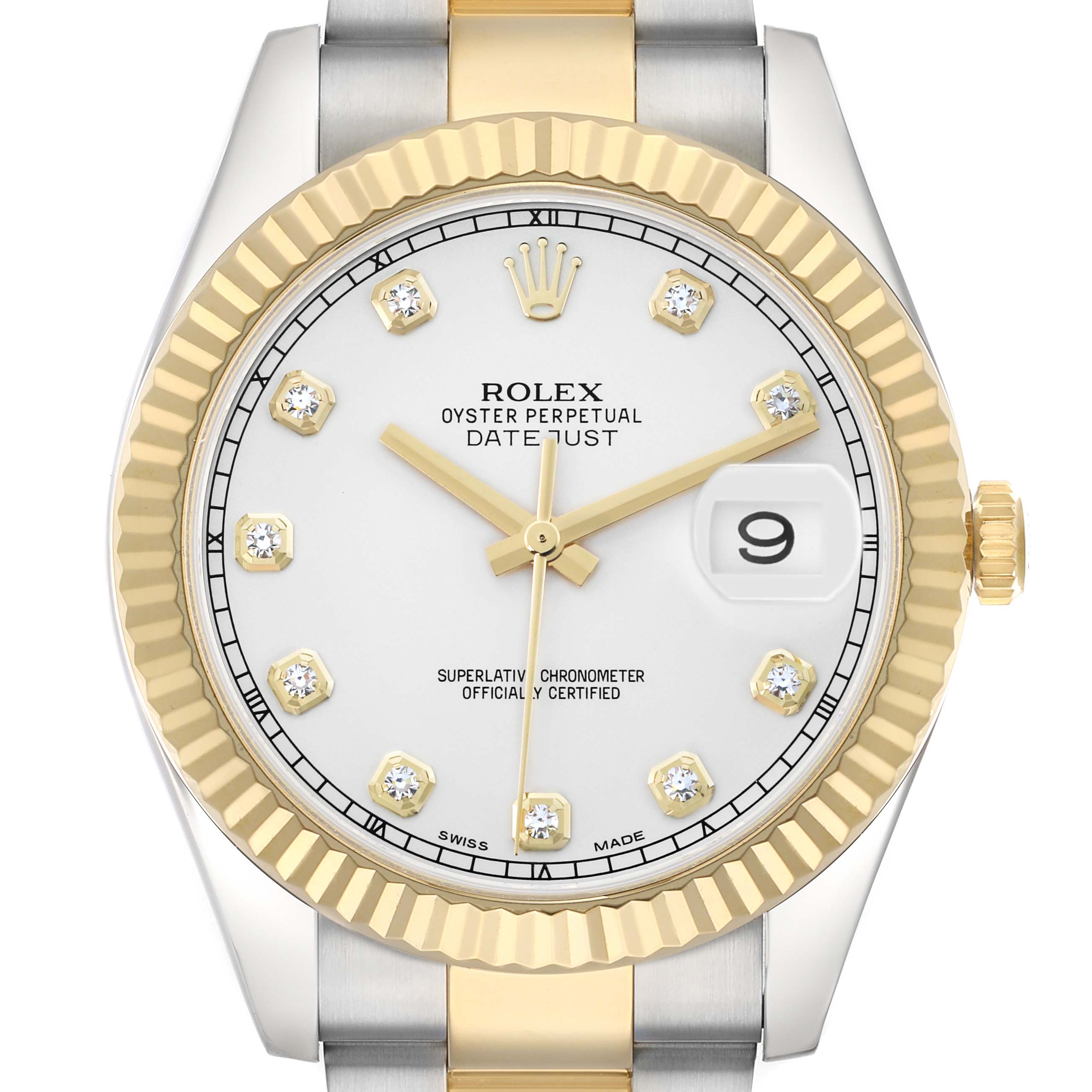 The image shows a frontal view of the Rolex Datejust 41 116333 Men
s Steel and Gold (two tone) Silver Dial, highlighting the dial, fluted bezel, diamond markers, and two-tone bracelet.