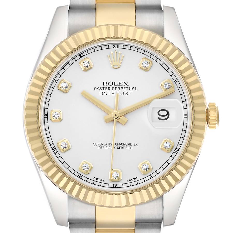 The image shows a frontal view of the Rolex Datejust 41 116333 Men's Steel and Gold (two tone) Silver Dial, highlighting the dial, fluted bezel, diamond markers, and two-tone bracelet.