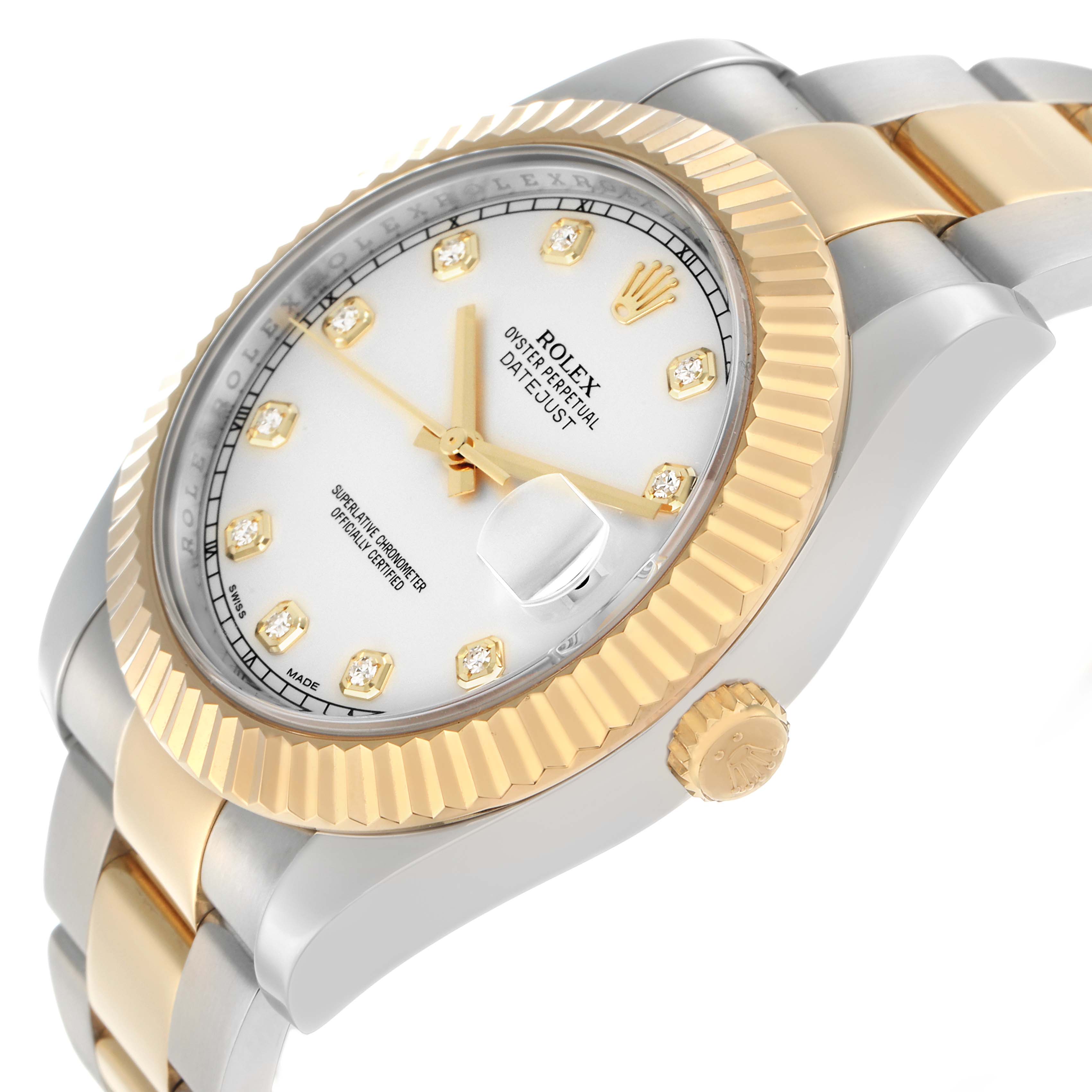 The Rolex Datejust 41 116333 Men
s Steel and Gold (two tone) Silver Dial is shown at a three-quarter angle, highlighting the dial, bezel, and bracelet with crown visible.
